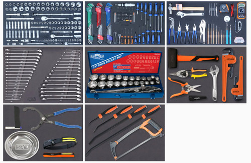 TOOLS INCLUDED IN THIS TOOL KIT

1/4”Dr SOCKETS & ACCESSORIES
6pt - 4, 5, 6, 7, 8, 9, 10, 11, 12, 13 & 14mm
6pt - 3/16, 7/32, 1/4, 9/32, 5/16, 11/32, 3/8, 7/16, 1/2 & 9/16”
90T Sealed Head Ratchet, Flex Handle & Universal Joint
Extension Bars - 50 & 150mm

3/8”Dr SOCKETS & ACCESSORIES
6pt - 6, 7, 8, 9, 10, 11, 12, 13, 14, 15, 16, 17, 18, 19, 20, 21 & 22mm
6pt - 1/4, 5/16, 3/8, 7/16, 1/2, 9/16, 5/8, 11/16, 3/4, 13/16 & 7/8”
6pt - Deep - 10, 11, 12, 13, 14, 15, 16, 17, 18 & 19mm
6pt Deep - 5/16, 3/8, 7/16, 1/2, 9/16, 5/8, 11/16 & 3/4”
Spark Plug Sockets - 5/8 & 13/16”
90T Sealed Head Ratchet, Flex Handle & Universal Joint
Extension Bars - 75 & 150mm
Adaptors - 3/8Fx1/4M & 3/8Fx1/2M

1/2”Dr SOCKETS & ACCESSORIES
6pt - 10, 11, 12, 13, 14, 15, 16, 17, 18, 19, 20, 21, 22, 23, 24, 26, 27, 30 & 32mm
6pt - 3/8, 7/16, 1/2, 9/16, 5/8, 11/16, 3/4, 13/16, 7/8, 15/16, 1, 1-1/16, 1-1/8, 1-3/16 & 1-1/4”
Spark Plug Sockets - 5/8 & 13/16”
90T Sealed Head Ratchet, Flex Handle & Universal Joint
Extension Bars - 75, 125 & 150mm
Adaptor - 1/2Fx3/8M

3/4”Dr SOCKETS & ACCESSORIES - 888 SERIES
12pt - 22, 24, 27, 30, 32, 36, 38, 41, 46 & 50mm
12pt - 7/8’’, 15/16’’, 1’’, 1-1/8’’, 1-3/16’’, 1-5/16’’, 1-3/8’’, 1-7/16’’, 1-5/8’’, 1-3/4’’, 1-7/8’’ & 2’’
Ratchet - 495mm
Sliding handle - 456mm
Extension bars - 100mm & 200mm

SPANNERS
Quad Drive Spanners - 6, 7, 8, 9, 10, 11, 12, 13, 14, 15, 16, 17, 18, 19, 20, 21, 22, 23, 24, 25 & 26mm
Quad Drive Spanners - 1/4, 5/16, 3/8, 7/16, 1/2, 9/16, 5/8, 11/16, 3/4, 13/16, 7/8, 15/16 & 1”

TOOLS
Screwdrivers - 3.0x75, 5.5x100, 6.5x38, 6.5x100, 6.5x150 & 8.0x150mm
Screwdrivers - #0x75, #1x75, #2x38, #2x100, #2x150 & #3x150mm
Technicians Bit Set - 71pc
Ratchet Driver Bit Set - 31pc
Impact Screwdriver Set - 13pc
Hex Keys - 1.5, 2, 2.5, 3, 4, 5, 6, 8 & 10mm
Hex Keys - 1/16, 5/64, 3/32, 1/8, 5/32, 3/16, 1/4, 5/16 & 3/8”
Torx Keys -T10, T15, T20, T25, T27, T30, T40, T45 & T50
Hex Keys Stubby - 1.5, 2, 2.5, 3, 4, 5, 6, 8 & 10mm
Hex Keys Stubby - 1/16, 5/64, 3/32, 1/8, 5/32, 3/16, 1/4, 5/16 & 3/8”
Torx Keys Stubby - T10, T15, T20, T25, T27, T30, T40, T45 & T50
Pliers - Combination, Long Nose, Multigrips & Locking
Cutters - Diagonal
Aviation Snips - Straight
Industrial Shears/Scissors
Electrical Digital Multimeter
Pen LED Torch/Work Light
Dual Strip COB LED Slimline Headlamp
Circuit Tester
Adjustable Wrench - 2pc
Hammer - Ball Pein & Club
Pipe Wrenches - 18” & 24”
Pin Punch Set - 7pc
Pry Bar Set - 4pc
Oil Filter Wrench - Strap Type
Oil Filter Wrench
Pick Set - 4pc
Tape Measure
Screw extractor set - 5pc
Tweezers Set - 4pc
Wire Brush Set - 3pc
Magnetic Parts Tray
Magnetic Pick-up Tool
Inspection Mirror
Hacksaw
Off Road Series Truck Box - 5 Drawer

TOOLBOX FEATURES
Full drawer extension
Stainless steel carry handles and drawer fittings
Securly soft mounts to the back of work vehicles
Designed for and built to last on the back of work vehicles
High quality gas strut lid stay ensures the lid stays open
Secure lock latch with internal drawer locking system
UV stabilised double powder coating - resists scratching and fading
Skid rail base provides reinforcement and polyurethane 75mm wide section feet provide safe fork lifting points
Extreme-duty, high-quality fully welded steel box frame and drawer construction using 2mm & 1.5mm steel for increased durability and strength