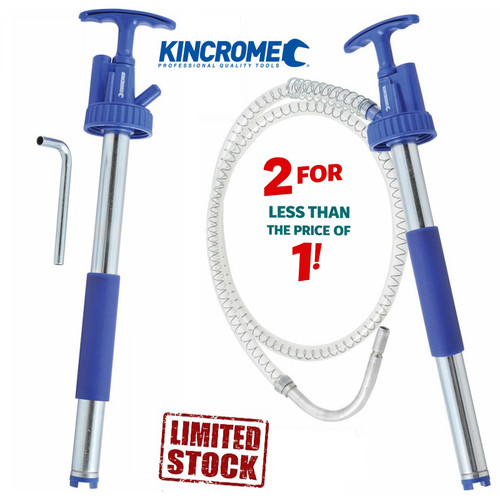 DRUM PUMP K1704:
Ideal for transferring non corrosive fluids such as gear oils, engine oils, transmission fluids, automotive additives, machine oils etc.

Features
Features a fixed steel spout
Capable of delivering up to 2oz on the down stroke
Ergonomic T-Handle is comfortable and easy to use
Adjustable 120mm sleeve to reach the bottom of various depth drums

Brand	KINCROME
Warranty	Lifetime Guarantee
Material Steel
Length (mm) 445
Width (mm) 100
Height (mm) 65
Weight (kg)	0.68

GEAR OIL PUMP K1703:
Ideal for transferring and topping up fluids in engines, differentials and gear boxes

Features
Capable of delivering up to 60ml on the down stroke
Ergonomic T-Handle is comfortable and easy to use
Adjustable 120mm sleeve to reach the bottom of various depth drums
Features a drain back nozzle holder to ensure that the hose, nozzle and excess fluid drains back into the drum to prevent spills and accidents

Material Steel
Length (mm) 450
Width (mm) 100
Height (mm) 65
Weight (kg) 0.79