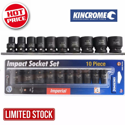Features
6 Point Socket
Ideal for fastening and loosening of nuts and bolts these sockets are designed and tested to last
Manufactured from Chrome Molybdenum Steel (Cr-Mo), hardened and tempered to perform in extreme conditions
They are designed to be used with Pneumatic and Power tools where higher torque and force is required
Kincrome Impact Sockets and Accessories meet and exceed the following international standards - ANSI, DIN 3121 & 3129

Specifications
Drive 1/2"
Drive Type Square
Finish	Black Phosphate
Impact Sockets Yes
Measurement System Imperial
Peripheral Drive System Yes
Socket Sizes 1", 15/16", 11/16", 13/16", 1/2", 5/8", 3/8", 9/16", 3/4", 7/8"
Warranty Lifetime Guarantee
Material Chrome Molybdenum (Cr-Mo)

