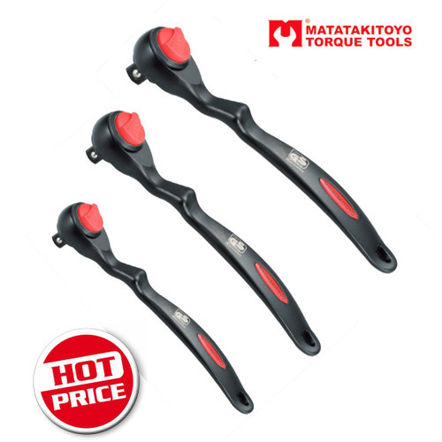 Matatakitoyo made in Taiwan (NOT China) quality thread Ratchets with ultra ergonomic design giving the user full comfort and confidence. These are probably some of the best Ratchets we offer especially at this price point! 

Features:
Quick release function.
Ergonomic Handle of Design.
Chrome vanadium steel main body.
Ratchet handle gear types  with heavy duty 45 teeth mechanism. 
Chrome molybdenum steel ( or Chrome vanadium steel ) square drive.