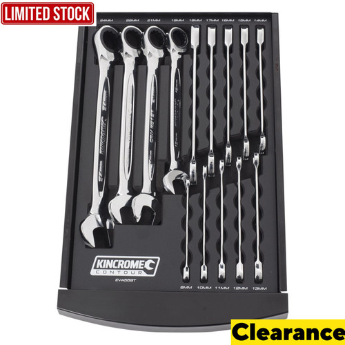 BE QUICK THESE WILL DEIFINATELY SELL OUT! EVA Foam Trays have been specifically engineered to protect and maintain your KINCROME Professional Quality Tools®. Designed to hold tools safely and securely, EVA Foam Trays are marked for easy tool identification saving you valuable time. Manufactured from 30mm laser cut EVA Foam featuring a polypropylene top which is easy to maintain. The entire range of new EVA Foam Trays are also available individually and are also available as an empty tray so you can replace or build on your own tool kit.

Brand KINCROME
Finish Mirror Polish
Gear Spanners Yes
Measurement System Metric
Pieces 14
Range CONTOUR
Warranty Lifetime Guarantee
Material Ethylene-Vinyl Acetate (EVA)
Length (mm) 255
Width (mm) 395
Height (mm) 30

Contents
Metric Spanners
14 Gear Spanners: 8, 10, 11, 12, 13, 14, 15, 16, 17, 18, 19, 21, 22, 24mm