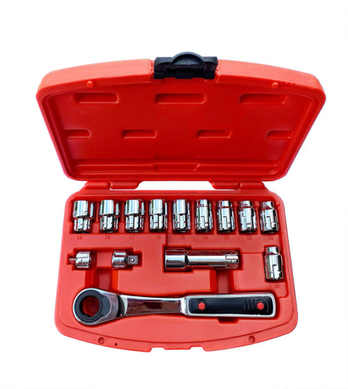 JTC Premium 14pce Go Through Socket Set. Brilliant quality (and very usable) set comprising twelve sizes of the exclusive Go-Thru double hexagon sockets.

Features:
This set comes housed in a heavy duty plastic case.
The JTC drive system allows good accessibility in confined spaces and to long screws.
1800 reversible head & has the added locking function for extra flexibility and access to narrow spaces.

Contents:
72T Go-Through Reverse Combination Ratchet
Extension Bar 
Adapters: 3/8", 1/4" Dr
10 x 3/8" Sockets: 10,11,12,13,14,15,16,17,18, and 19mm