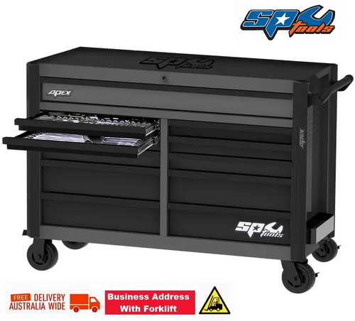 GET THE BEST PRICE IN AUSTRALIA + Free Shipping* + Bonus 18V Cordless Combo Kit for April 2026 Only! (*business address with forklift required)

TOOLS INCLUDED IN THIS TOOL KIT

1/4”Dr SOCKETS & ACCESSORIES
12pt - 4, 5, 6, 7, 8, 9, 10, 11, 12, 13 & 14mm
12pt - 3/16, 7/32, 1/4, 9/32, 5/16, 11/32, 3/8, 7/16 & 1/2”
45T Ratchet & Flex Handle
Wobble Extension Bars - 50 & 150mm


3/8”Dr SOCKETS & ACCESSORIES
12pt - 8, 10, 11, 12, 13, 14, 15, 16, 17, 18 & 19mm
12pt - 5/16, 3/8, 7/16, 1/2, 9/16, 5/8, 11/16 & 3/4”
Spark Plug Sockets - 5/8 & 13/16”
45T Ratchet & Flex Handle
Wobble Extension Bars - 75 & 150mm
Adaptors - 3/8Fx1/4M & 3/8Fx1/2M


1/2”Dr SOCKETS & ACCESSORIES
12pt - 1/2, 9/16, 5/8, 11/16, 3/4, 13/16, 7/8, 15/16, 1, 1-1/16, 1-1/8 & 1-1/4”
45T Ratchet & Flex Handle
Wobble Extension Bars - 125 & 250mm
Adaptor - 1/2Fx3/8M


SPANNERS
Quad Drive Combination Spanners - 6, 7, 8, 9, 10, 11, 12, 13, 14, 15, 16, 17, 18 & 19mm
Quad Drive Combination Spanners - 1/4, 5/16, 3/8, 7/16, 1/2, 9/16, 5/8, 11/16, 3/4, 13/16 & 7/8”


TOOLS
Screwdrivers - 3.0x75, 5.5x100, 6.5x38, 6.5x100, 6.5x150 & 8.0x150mm
Screwdrivers - #0x75, #1x75, #2x38, #2x100, #2x150 & #3x150mm
Precision Screwdrivers - 2.0x50, 2.5x50, 3.0x50, #0x50, #00x50 & #000x50mm
Technicians Bit Set - 71pc
Ratchet Driver Bit Set - 31pc
Impact Screwdriver Set - 13pc
Hex Keys - 1.5, 2, 2.5, 3, 4, 5, 6, 8 & 10mm
Hex Keys - 1/16, 5/64, 3/32, 1/8, 5/32, 3/16, 1/4, 5/16 & 3/8”
Torx Keys - T10, T15, T20, T25, T27, T30, T40, T45 & T50
Hex Keys Stubby - 1.5, 2, 2.5, 3, 4, 5, 6, 8 & 10mm
Hex Keys Stubby - 1/16, 5/64, 3/32, 1/8, 5/32, 3/16, 1/4, 5/16 & 3/8”
Torx Keys Stubby - T10, T15, T20, T25, T27, T30, T40, T45 & T50
Pliers - Combination, Long Nose, Multigrip & Locking
Circlip Pliers Set - 4pc
Cutters - Diagonal
Adjustable Wrenches - 2pc
Hammers - Ball Pein 16oz & 24oz, Soft/Hard Head - 40mm
Electrical Digital Multimeter
Circuit Tester
Pin Punch & Chisel Set - 10pc
Screw extractor set - 5pc
Tweezers Set - 4pc
Wire Brush Set - 3pc
Magnetic Pick-up Tool
Inspection Mirror
Pick Set - 4pc
Tape Measure
Hacksaw
Knife


APEX SERIES 58" ROLLER CABINET - 11 DRAWER
Heavy-duty, high-quality steel box frame and drawer construction
Steel work top with non-slip textured rubber mat
Full length top deep drawer, 4x deep and 6x standard drawers
Soft close drawers using heavy duty 28 ball bearing drawer slides with full drawer extension
2x side storage compartments suitable for aerosol cans
Internal locking system keeps your tools secure
Corner protection on all four sides to prevent accidental damage from knocks and bumps
Heavy duty premium quality castors - 2x fixed and 2x swivel (lockable)
UV stabilised double powder coating

COMBINED DIMENSIONS: (mm)
1480w x 550d x 1060h (mm)