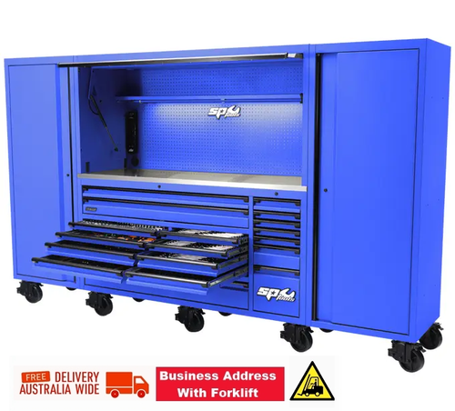 TOOLS INCLUDED IN THIS TOOL KIT

1/4”Dr SOCKETS & ACCESSORIES
12pt - 4, 5, 6, 7, 8, 9, 10, 11, 12, 13 & 14mm
12pt - 3/16, 7/32, 1/4, 9/32, 5/16, 11/32, 3/8, 7/16 & 1/2”
Deep 6pt - 4, 5, 6, 7, 8, 9, 10, 11, 12 & 13mm
Deep 6pt - 3/16, 7/32, 1/4, 9/32, 5/16, 11/32, 3/8, 7/16 & 1/2”
Torx - T10, T15, T20 & T25
Inhex - 3, 4, 5 & 6mm, 1/8, 5/32, 3/16, 7/32 & 1/4”
45T Ratchet & Flex Handle
Wobble Extension Bars - 50 & 150mm

3/8”Dr SOCKETS & ACCESSORIES
12pt - 8, 10, 11, 12, 13, 14, 15, 16, 17, 18 & 19mm
12pt - 5/16, 3/8, 7/16, 1/2, 9/16, 5/8, 11/16 & 3/4”
Deep 12pt - 10, 11, 12, 13, 14, 15, 16, 17, 18 & 19mm
Deep 12pt - 5/16, 3/8, 7/16, 1/2, 9/16, 5/8, 11/16 & 3/4”
Torx - T27, T30, T40, T45, T50 & T55
E-Torx - E4, E5, E6, E7, E8, E10, E11, E12, E14, E16, E18 & E20
Inhex - 6, 7, 8, 9 & 10mm, 3/16, 7/32, 1/4, 5/16 & 3/8”
Spark Plug Sockets - 5/8 & 13/16”
45T Ratchet & Flex Handle
Wobble Extension Bars - 75 & 150mm
Adaptors - 3/8Fx1/4M (x2) & 3/8Fx1/2M

1/2”Dr SOCKETS & ACCESSORIES
12pt - 13, 14, 15, 16, 17, 18, 19, 20, 21, 22, 23, 24, 25, 26, 27, 30 & 32mm
12pt - 1/2, 9/16, 5/8, 11/16, 3/4, 13/16, 7/8, 15/16, 1, 1-1/16, 1-1/8 & 1-1/4”
Deep 12pt - 10, 11, 12, 13, 14, 15, 16, 17, 19, 21, 22 & 24mm
Deep 12pt - 3/8, 7/16, 1/2, 9/16, 5/8, 11/16, 3/4, 13/16, 7/8, 15/16 & 1”
45T Ratchet & Flex Handle
Wobble Extension Bars - 125 & 250mm
Adaptor - 1/2Fx3/8M
Impact 6pt - 10, 11, 12, 13, 14, 15, 17, 18, 19, 21, 22 & 24mm
Impact 6pt Deep - 10, 11, 12, 13, 14, 15, 17, 18, 19, 21, 22 & 24mm
Impact Inhex - 4, 5, 6, 7, 8, 10, 12, 14 & 17mm
Impact Inhex - 3/16, 7/32, 1/4, 5/16, 3/8, 7/16, 1/2 & 9/16”
Impact Torx - T25, T27, T30, T40, T45, T50, T55, T60 & T70
Impact Universal Joint
Impact Extension Bars - 75 & 125mm
Imapct Adaptor - 3/8”Fx1/2”M

SPANNERS
Quad Drive Combination Spanners - 6, 7, 8, 9, 10, 11, 12, 13, 14, 15, 16, 17, 18, 19, 20, 21, 22, 23, 24, 25, 26, 27, 30 & 32mm
Quad Drive Combination Spanners - 1/4, 5/16, 3/8, 7/16, 1/2, 9/16, 5/8, 11/16, 3/4, 13/16, 7/8, 15/16, 1, 1-1/16, 1-1/8 & 1-1/4”
Stubby Quad Drive Combination Spanners - 10, 11, 12, 13, 14, 15, 16, 17, 18 & 19mm
Stubby Quad Drive Combination Spanners - 3/8, 7/16, 1/2, 9/16, 5/8, 11/16 & 3/4”
Gear Drive ROE Quad Drive - 6, 7, 8, 9, 10, 11, 12, 13, 14, 15, 16, 17, 18 & 19mm
Gear Drive ROE Quad Drive - 1/4, 5/16, 3/8, 7/16, 1/2, 9/16, 5/8, 11/16 & 3/4”
Flare Nut Spanners - 10x11, 12x13, 14x17 & 19x22mm
Flare Nut Spanners - 3/8x7/16, 1/2x9/16, 5/8x11/16 & 3/4x7/8”
Double Ring Spanners - 8x10, 12x14, 17x19 & 22x24mm
Double Ring Spanners - 3/8x5/16, 1/2x7/16, 5/8x9/16 & 3/4x11/16”
E-Torx Spanners - E6xE8, E10xE12, E14xE16 & E18xE20
Finger Tip Ratchet - Low Profile - 10 & 13mm
Finger Tip Ratchet Adaptors - 1/4”x10mm, 3/8”x13mm & 10mmx1/4” Hex)

TOOLS
Screwdrivers - 3.0x75, 5.5x100, 6.5x38, 6.5x100, 6.5x150 & 8.0x150mm
Screwdrivers - #0x75, #1x75, #2x38, #2x100, #2x150 & #3x150mm
Screwdrivers - T8, T10, T15, T20, T25, T27, T30 & T40
Precision Screwdrivers - 2.0x50, 2.5x50, 3.0x50, #0x50, #00x50 & #000x50mm
Technicians Bit Set - 71pc
Professional Bit Set - 60pc
Ratchet Driver Bit Set - 31pc
Impact Screwdriver Set - 13pc
Hex Keys - 1.5, 2, 2.5, 3, 4, 5, 6, 8 & 10mm
Hex Keys - 1/16, 5/64, 3/32, 1/8, 5/32, 3/16, 1/4, 5/16 & 3/8”
Torx Keys - T10, T15, T20, T25, T27, T30, T40, T45 & T50
T-Handle Hex Keys - 2, 2.5, 3, 4, 5, 6, 8 & 10mm
T-Handle Hex Keys - 5/64”, 3/32”, 1/8”, 5/32”, 3/16”, 1/4”, 5/16” & 3/8”
T-Handle Torx Keys - T8, T10, T15, T20, T25, T30, T40 & T50
Hex Keys Stubby - 1.5, 2, 2.5, 3, 4, 5, 6, 8 & 10mm
Hex Keys Stubby - 1/16, 5/64, 3/32, 1/8, 5/32, 3/16, 1/4, 5/16 & 3/8”
Torx Keys Stubby - T10, T15, T20, T25, T27, T30, T40, T45 & T50
Pliers - Combination, Long Nose, Multigrip (x3) & Locking
Circlip Pliers Set - 4pc
Cutters - Diagonal - 2pc
Adjustable Wrenches - 3pc
Hammers - Ball Pein 16oz & 24oz, Dead Blow, Soft/Hard Head - 40mm
Pin Punch & Chisel Set - 10pc
Hollow Punch Set - 9pc
Letter Punch Set - 27pc
Number Punch Set - 9pc
Nut Rieter Set - 74pc
Automotive Rethreading Kit - 42pc
HSS Drill Bit Set - 25pc
Pry Bar Set - Go-Through - 4pc
Screw Extractor Set - 5pc
Screw Extractor Set - Drill Bit and Guide - 25pc
Tap & Die Set - 32pc
Gasket Scraper Set - 3pc
Thread Files - 2pc
Feeler Gauge Set - Double Sided - 26pc
Feller Gauge Set - Type A - 26pc
Electrical Digital Multimeter
Circuit Tester
1/2”Dr Micrometer Torque Wrench - 40 to 200Nm
Vernier Calipers
COB LED Work Light - 270° Dual Fold Slimline
Torch/Work Light LED Pen
Automatic Wire Strippers
Ratchet Crimper - 0.5 to 6mm
Oil Filter Wrench
Oil Drain Plug Set - 18pc
Tweezers Set - 4pc
Wire Brush Set - 3pc
Pick Set - 4pc
Magnetic Pick-up Tool
Inspection Mirror
Tape Measure
Hacksaw
Knife
3x EVA Foam Parts Trays - Small
3x EVA Foam Parts Trays - Medium
3x EVA Foam Parts Trays - Large
USA Sumo Series 73" Power Hutch
USA Sumo Series 73" Roller Cabinet - 21 Drawer
USA Sumo Series 27" Side Cabinet - 4 Roller Shelves + 1 Fixed Shelf
USA Sumo Series 27" Side Cabinet - 3 Fixed Shelves + Clothes Hang Rail
USA Sumo Series 73" Overhead Hutch Cabinet
2x Magnetic Mount Power Boards