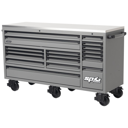 PART NO: SP44826GY
73" USA SUMO SERIES ROLLER CABINET - 18 DRAWER - CUSTOMISED DRAWER CONFIGERATION
Double wall super-duty, high-quality steel box frame and drawer construction using 14.5 Gauge steel (1.5mm) for increased durability and strength
Stainless steel work top
Triple drawer bank with 3 full length deep and standard drawers
SP Max super duty 28 ball bearing drawer slides with full drawer extension
Internal locking system keeps your tools secure
SP One-Touch Cliklok drawer locking system with its single handed release and open function ensures drawers stay closed and secure while the roll cab is unlocked
Super-duty premium quality, unique spring-loaded castors - 6x Swivel (Lockable)
ROLL CAB DIMENSIONS: (mm)
1850w x 622d x 888h (1090h with castors)
DRAWER DIMENSIONS: (mm)
1x Drawer: 1356w x 528d x 60h
1x Drawer: 1370w x 528d x 100h
2x Drawers: 738w x 546d x 45h
2x Drawers: 738w x 546d x 72h
2x Drawers: 570w x 546d x 45h
2x Drawers: 570w x 546d x 72h
1x Drawer: 1370w x 550d x 158h
1x Drawer: 305w x 545d x 74h
4x Drawers: 305w x 545d x 45h
1x Drawer: 305w x 545d x 130h
1x Drawer: 305w x 545d x 290h PART NO: SP44826GY
73" USA SUMO SERIES ROLLER CABINET - 18 DRAWER - CUSTOMISED DRAWER CONFIGERATION
Double wall super-duty, high-quality steel box frame and drawer construction using 14.5 Gauge steel (1.5mm) for increased durability and strength
Stainless steel work top
Triple drawer bank with 3 full length deep and standard drawers
SP Max super duty 28 ball bearing drawer slides with full drawer extension
Internal locking system keeps your tools secure
SP One-Touch Cliklok drawer locking system with its single handed release and open function ensures drawers stay closed and secure while the roll cab is unlocked
Super-duty premium quality, unique spring-loaded castors - 6x Swivel (Lockable)
ROLL CAB DIMENSIONS: (mm)
1850w x 622d x 888h (1090h with castors)
DRAWER DIMENSIONS: (mm)
1x Drawer: 1356w x 528d x 60h
1x Drawer: 1370w x 528d x 100h
2x Drawers: 738w x 546d x 45h
2x Drawers: 738w x 546d x 72h
2x Drawers: 570w x 546d x 45h
2x Drawers: 570w x 546d x 72h
1x Drawer: 1370w x 550d x 158h
1x Drawer: 305w x 545d x 74h
4x Drawers: 305w x 545d x 45h
1x Drawer: 305w x 545d x 130h
1x Drawer: 305w x 545d x 290h