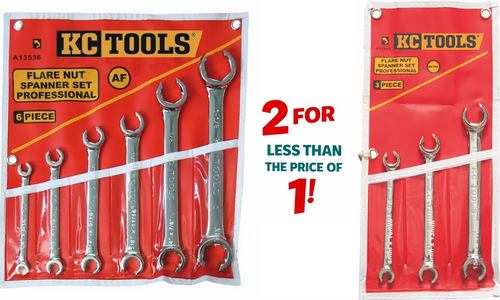 Be quick we have extremely limited stock on these MEGA KC Tools 2 FOR LESS THAN 1  Flare Nut Wrenches.

Features:
6 point highly polished CR-V. Professional quality flare nut spanners. 
For use on compression nuts fitted on petrol and diesel injection pipes, hydraulic, gas or refrigeration systems.
Packaged in a plastic wallet.

You get the 13536 AF Set:
Sizes 
1/4 x 5/16 
1/2 x 9/16 
3/4 x 7/8
3/8 x 7/16 
5/8 x 11/16
7/8 x 1

Plus you get the 13542 Meric set:
Sizes 
10 x 12
13 x 14
15 x 17