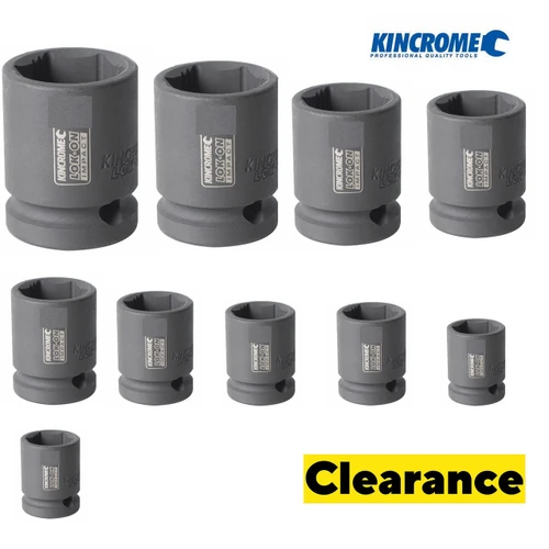 Be quick for these Kincrome LOK-ON 1/2" Impact Sockets for well below normal cost price! VERY Limited stock!

All LOK-ON™ Impact Sockets are manufactured from 42CrMo4. Chrome Molybdenum is an industrial grade material designed for impact and extreme torque applications. Standard 50bv30 CrV sockets are not designed for impact use and may shatter and cause personal injury if used for impact. LOK-ON™ Impact Sockets are finished in black phosphate for superior corrosion protection and are stamped and laser etched for easy size identification. LOK-ON™ Impact Sockets will perform better, last longer, save time, reduce wear and replace the need for fastener extraction tools.

Standard DIN, ANSI
Warranty Lifetime Guarantee
Material Chrome Molybdenum (42 Cr-Mo4 - Impact Grade)

You get:
K27102 KINCROME - LOKON IMPACT SKT 1/2DRV 10MM
K27104 KINCROME - LOKON IMPACT SKT 1/2DRV 12MM
K27105 KINCROME - LOKON IMPACT SKT 1/2DRV 13MM
K27106 KINCROME - LOKON IMPACT SKT 1/2DRV 14MM
K27107 KINCROME - LOKON IMPACT SKT 1/2DRV 15MM
K27108 KINCROME - LOKON IMPACT SKT 1/2DRV 16MM
K27110 KINCROME - LOKON IMPACT SKT 1/2DRV 18MM
K27111 KINCROME - LOKON IMPACT SKT 1/2DRV 19MM 
K27113 KINCROME - LOKON IMPACT SKT 1/2DRV 21MM
K27114 KINCROME - LOKON IMPACT SKT 1/2DRV 22MM