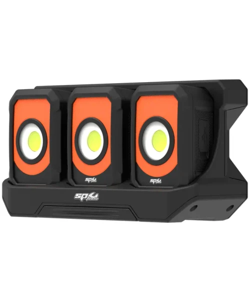 FEATURES
3x Compact “pocket” size, super bright dimmable work lights combined with a charging/mounting dock that allows for the use of the work lights separately or combined as a single ultra bright flood light
When in combined use, all lights are adjusted from a single light
Each light includes a 180° fold out magnetic base, allowing users to fix lights to any ferrous metal surface
Up to 700 Lumens per flood light can be combined to output an ultra bright 2100 Lumens of power
2 to 18 hour run time
Charging options - lights can be charged indivudally using USB type C  cable, or in the docking station using the supplied charger and   high current cable
Heavy duty charging dock includes a 90° fold out magnetic base   and includes a built-in tri-pod compatible threaded hole
SPECIFICATIONS
Charging Dock: 5V 3.5A
Charger: 100-240VAC ~ 50/60Hz
Battery: 3.7V 2600mAh Li-ion (per light)
Charging time: Approx. 3.5 hours
Operation time: HIGH: Approx. 2 hours, LOW: Approx: 18 hours
Brightness: HIGH: 700 Lumen, LOW: 70 Lumen (per light)
IP65 Splash & dust resistant
IK07 Impact resistant (2 joules of impact)