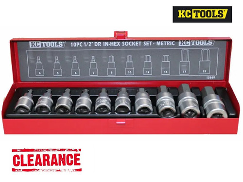 These are well below cost GENUINE KC Tools! Very limited stock we run out you miss out!

Features:
Very heavy duty Chrome vanadium fixed hex sockets with 1/2" drive.
KC Tools 1/2" Drive In-Hex Socket Set MM. Excellent set up to a huge 19mm
These are a much sought after set with excellent build quality and size range.

Sizes: 4, 5, 6, 7, 8, 10, 12, 14, 17 & 19mm

