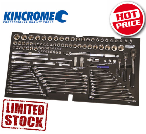 Drive 1/4", 3/8", 1/2"
Measurement System Metric & Imperial
Pieces 123
Range CONTOUR
Suits CONTOUR® 42" Tool Chests
Material Ethylene-Vinyl Acetate (EVA)
Length (mm) 890
Width (mm) 460
Height (mm) 30

Metric Sockets
• 9 LOK-ON™ Sockets 1/4" Square Drive: 4, 5, 6, 7, 8, 9, 10, 11, 12mm
• 10 LOK-ON™ Sockets 3/8" Square Drive: 9, 10, 11, 12, 13, 14, 16, 17, 18, 19mm
• 22 LOK-ON™ Sockets 1/2" Square Drive: 8, 9, 10, 11, 12, 13, 14, 15, 16, 17, 18, 19, 20, 21, 22, 23, 24, 25, 27, 28, 30, 32mm

Imperial Sockets
• 9 LOK-ON™ Sockets 1/4" Square Drive: 3/16, 7/32, 1/4, 9/32, 5/16, 11/32, 3/8, 7/16, 1/2"
• 7 LOK-ON™ Sockets 3/8" Square Drive: 3/8, 7/16, 1/2, 9/16, 5/8, 11/16, 3/4"
• 15 LOK-ON™ Sockets 1/2" Square Drive: 3/8, 7/16, 1/2, 9/16, 5/8, 11/16, 3/4, 13/16, 7/8, 15/16, 1, 1.1/16, 1.1/8, 1.3/16, 1.1/4"

1/4" Square Drive
• LOK-ON™ Reversible Ratchet Handle
• LOK-ON™ Flex Handle 150mm (6")
• LOK-ON™ Universal Joint
• LOK-ON™ Extension Bar 65mm
• LOK-ON™ Extension Bar 165mm

3/8" Square Drive
• LOK-ON™ Reversible Ratchet Handle
• LOK-ON™ Flex Handle 200mm (8")
• LOK-ON™ Universal Joint
• LOK-ON™ Extension Bar 70mm
• LOK-ON™ Extension Bar 175mm
• LOK-ON™ Socket Adaptor 3/8" Female x 1/4" Male
• LOK-ON™ Socket Adaptor 3/8" Female x 1/2" Male
• Spark Plug Socket 14mm (9/16")
• Spark Plug Socket 16mm (5/8")
• Spark Plug Socket 21mm (13/16")

1/2" Square Drive
• LOK-ON™ Reversible Ratchet Handle
• LOK-ON™ Flex Handle 375mm (15")
• LOK-ON™ Universal Joint
• LOK-ON™ Extension Bar 155mm
• LOK-ON™ Extension Bar 280mm
• LOK-ON™ Socket Adaptor 1/2" Female x 3/8" Male
Metric Spanners
• 17 Combination Spanners: 6, 7, 8, 9, 10, 11, 12, 13, 14, 15, 16, 17, 18, 19, 21, 22, 24mm
Imperial Spanners
• 13 Combination Spanners: 1/4", 5/16", 3/8", 7/16", 1/2", 9/16", 5/8", 11/16", 3/4", 13/16", 7/8", 15/16", 1"

EVA Tray Measurements: L 890mm x W 460mm x H 30mm