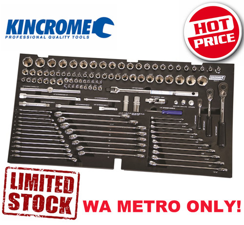 Drive 1/4", 3/8", 1/2"
Measurement System Metric & Imperial
Pieces 123
Range CONTOUR
Suits CONTOUR® 42" Tool Chests
Material Ethylene-Vinyl Acetate (EVA)
Length (mm) 890
Width (mm) 460
Height (mm) 30

Metric Sockets
• 9 LOK-ON™ Sockets 1/4" Square Drive: 4, 5, 6, 7, 8, 9, 10, 11, 12mm
• 10 LOK-ON™ Sockets 3/8" Square Drive: 9, 10, 11, 12, 13, 14, 16, 17, 18, 19mm
• 22 LOK-ON™ Sockets 1/2" Square Drive: 8, 9, 10, 11, 12, 13, 14, 15, 16, 17, 18, 19, 20, 21, 22, 23, 24, 25, 27, 28, 30, 32mm

Imperial Sockets
• 9 LOK-ON™ Sockets 1/4" Square Drive: 3/16, 7/32, 1/4, 9/32, 5/16, 11/32, 3/8, 7/16, 1/2"
• 7 LOK-ON™ Sockets 3/8" Square Drive: 3/8, 7/16, 1/2, 9/16, 5/8, 11/16, 3/4"
• 15 LOK-ON™ Sockets 1/2" Square Drive: 3/8, 7/16, 1/2, 9/16, 5/8, 11/16, 3/4, 13/16, 7/8, 15/16, 1, 1.1/16, 1.1/8, 1.3/16, 1.1/4"

1/4" Square Drive
• LOK-ON™ Reversible Ratchet Handle
• LOK-ON™ Flex Handle 150mm (6")
• LOK-ON™ Universal Joint
• LOK-ON™ Extension Bar 65mm
• LOK-ON™ Extension Bar 165mm

3/8" Square Drive
• LOK-ON™ Reversible Ratchet Handle
• LOK-ON™ Flex Handle 200mm (8")
• LOK-ON™ Universal Joint
• LOK-ON™ Extension Bar 70mm
• LOK-ON™ Extension Bar 175mm
• LOK-ON™ Socket Adaptor 3/8" Female x 1/4" Male
• LOK-ON™ Socket Adaptor 3/8" Female x 1/2" Male
• Spark Plug Socket 14mm (9/16")
• Spark Plug Socket 16mm (5/8")
• Spark Plug Socket 21mm (13/16")

1/2" Square Drive
• LOK-ON™ Reversible Ratchet Handle
• LOK-ON™ Flex Handle 375mm (15")
• LOK-ON™ Universal Joint
• LOK-ON™ Extension Bar 155mm
• LOK-ON™ Extension Bar 280mm
• LOK-ON™ Socket Adaptor 1/2" Female x 3/8" Male
Metric Spanners
• 17 Combination Spanners: 6, 7, 8, 9, 10, 11, 12, 13, 14, 15, 16, 17, 18, 19, 21, 22, 24mm
Imperial Spanners
• 13 Combination Spanners: 1/4", 5/16", 3/8", 7/16", 1/2", 9/16", 5/8", 11/16", 3/4", 13/16", 7/8", 15/16", 1"
EVA Tray Measurements: L 890mm x W 460mm x H 30mm