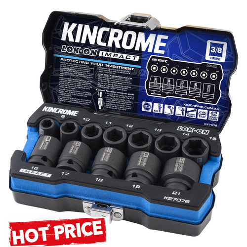 Features
6 positive stop position hex sockets
Ideal for fastening and loosening of nuts and bolts these sockets are designed and tested to last
LOK-ON™ Impact Sockets are fully impact rated and designed for extreme torque applications. I.e. Use of Air, Cordless or Powered Tools.
LOK-ON™ Socket Set tins have been designed in Australia, pushing all manufacturing limitations to bring a unique style to an otherwise generic industry.
All LOK-ON™ Socket Sets include industry leading and highest quality custom EVA foam trays that includes a hard shell surface with clearly marked sizing

You get:
Contents
• 12 LOK-ON™ Impact 3/8” Drive Metric Sockets: 8, 10, 11, 12, 13, 14, 15, 16, 17, 18, 19, 21mm
• 1 x LOK-ON™ Fastener Punch

Specifications
Brand KINCROME
Drive 3/8"
Impact Sockets Yes
Measurement System Metric & Imperial
Pieces 24
Range LOK-ON
Warranty Lifetime Guarantee
Material Chrome Molybdenum (42 Cr-Mo4 - Impact Grade)