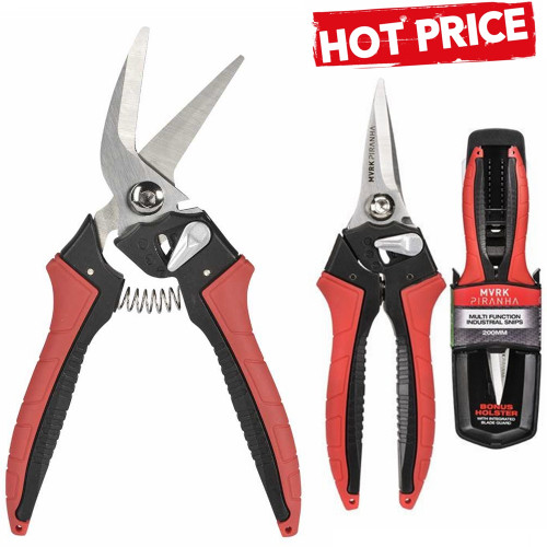 RED HOT PRICE, INDUSTRIAL QUALITY, LIMITED STOCK!
THESE SNIPS DO IT ALL!:
Durable soft grip chemical resistant handles.
Ambidextrous with dual sided, quick release thumb lock.
MVRK Piranha 200mm Multi Function Offset Industrial Snips
Industry leading premium quality stainless steel micro serrated blades.
Optimised geometry to cut paper and card, Kevlar, carbon and glass cloth, fabric, leather, carpet, wire, cable, sheet metals, rubber and other tough materials.

BONUS impact resistant safety holster with integrated blade guard and belt clip.

Part Number: 1003-MF200AC
Brand: MVRK
Sub Brand: Piranha
Group Code: MFSP
Barcode: 9326518179085
OAL (mm): 200
Construction: Stainless Steel
