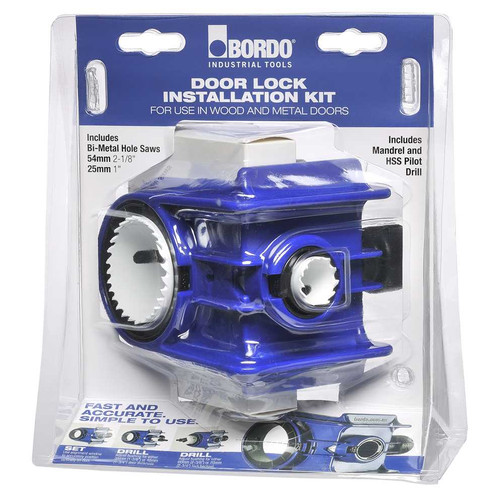 For use in Wood and Metal doors.
Includes Bi-Metal Hole Saws 54mm (2-1/8") & 25mm (1").
Includes Mandrel and HSS Pilot Drill.
Includes Detailed usage instructions.
Suitable for use with Door thickness 35mm (1-3/8") and 45mm (1-3/4").
Suitable for use with Lock backset 60mm (2-3/8") and 70mm (2-3/4").