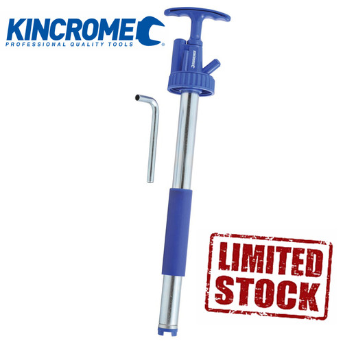 Ideal for transferring non corrosive fluids such as gear oils, engine oils, transmission fluids, automotive additives, machine oils etc.

Features
Features a fixed steel spout
Capable of delivering up to 2oz on the down stroke
Ergonomic T-Handle is comfortable and easy to use
Adjustable 120mm sleeve to reach the bottom of various depth drums

Brand	KINCROME
Warranty	Lifetime Guarantee
Material Steel
Length (mm) 445
Width (mm) 100
Height (mm) 65
Weight (kg)	0.68