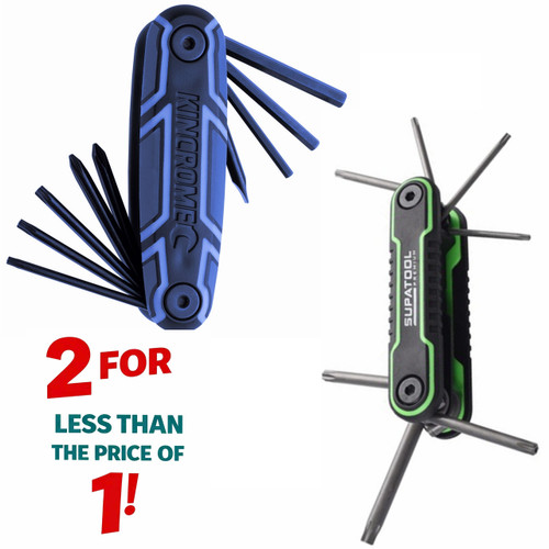 VERY LIMITED STOCK! GET BOTH FOR LESS THAN THE PRICE OF EITHER ONE!

KINCROME Unit Features:
Folds down to a compact size
Constructed from durable chrome vanadium (Cr-V) steel
9 in 1 multi-tool includes screwdrivers, hex keys, torx keys, blades

Sizes:
Blade size 5mm
Phillips sizes 1 & 2
Hex key sizes 3, 4 & 5mm
Torx key sizes T10, T15 & T20


STP Unit Features:
Forged from Chrome Vanadium Steel (Cr-V), hardened and tempered for corrosion protection, with a black finish
Foldable housing allowing for easier storage, portability (fits in your pocket or tool bag)
Durable composite construction* TORX® is a registered trademark of Acument Intellectual Properties, LLC.

You get:
• 8 Foldable TORX® Keys:
Sizes: T9, T10, T15, T20, T25, T27, T30, T40