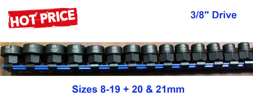 3/8" Set Unique Features:
Height of each socket 22.5mm
17mm Hex shank on the socket for increased access with a 17mm spanner or gear spanner.
Sizes: 8,9,10,11,12,13,14,15,16,17,18,21,22mm

Both Sets Feature:
Black phosphate finish for corrosion resistance
Extra low profile design for use in confined spaces
Perfect for both machinery and automotive applications
Made of heat treated, durable Chrome Molybdenum Alloy Steel
Suitable for use with air/electric impact wrench or air ratchet wrench