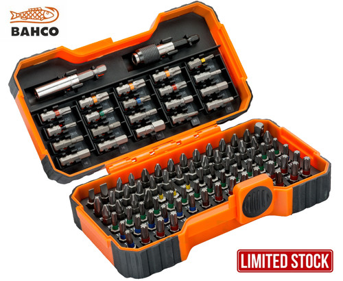 For slotted, Phillips, Pozidriv, hexagonal, TORX®, TORX® tamper, Robertson head screws

Includes 100 pieces with 97 bits
1 magnetic universal bit holder, 1 magnetic quick release bit holder and 1 socket adaptor 1/4"
25 mm: SL4.5, SL5.5, PH1 x2, PH2 x9, PH3, PH2G x5, PZ1 x2, PZ2 x9, PZ3, T10 x3, T15 x5, T20 x15, T25 x8, T27, T30 x15, T40 x3, TR10, TR15, TR20, TR25, TR30, HEX3, HEX4 x3, HEX5, HEX6 x3, HEX8, Rob 1,2

Features:
For universal use
High performance alloy steel
Zinc phosphate finish
PH2G bits for use with reduced shaft diameter for drywall construction
TORX® bits are coloured to easy identify the size of the tip
1/4" hex drive DIN 3126 and ISO 1173, style C 6.3
1/4" square socket adaptor, ball type for regular nut driver socket (style C 6.3)
Universal bit holder with strong magnet (style E 6.3)
Magnetic quick release bit holder with lock in type system (style E 6.3)
The box is robust, tough and durable and gives a very good protection of the bits
