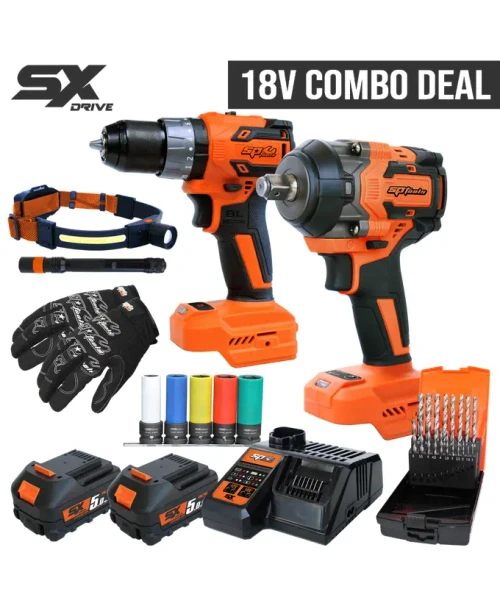 THIS KIT INCLUDES
18v 1/2"Dr IMPACT WRENCH - SX DRIVE - SKIN ONLY
PART NO: SP83126BU
Bolt Busting Torque: 850Nm  |  627ft-lbs
Working Torque: 650Nm  |  479ft-lbs
RPM: 0-1700 / 0-2200 / 0-2700
BPM: 0-2200 / 0-2700 / 0-3200
Capacity: 1/2” (13mm)
Variable speed switch
Powerful brushless motor delivering 60 impacts per second
Lightweight - 1.49kg  |  3.28Lb (without battery)
Ultra compact design - Only 140mm (5.5”) long (Including anvil)
Reversible
Ergonomic high grip handle

18v 10mm (3/8") BRUSHLESS 2 SPEED HAMMER DRILL DRIVER - SX DRIVE - SKIN ONLY
PART NO: SP83235BU
No-Load Speed: Low - 0-430rpm. High 0-1750rpm
Working Torque: 50Nm  |  37ft-lbs
Adjustable Two speed controller
Variable speed trigger
20 selection clutch torque control plus hammer
Gear box with spindle lock function
Single sleeve keyless chuck
Onboard magnetic bit/fastener holder pad
Weight: 0.96kg  |  2.1Lb (Without Battery)

HIGH SPEED STEEL (HSS) DRILL BIT SET - METRIC - 19PC
PART NO: SP31390
Made from high quality high speed steel (HSS) offering the best combination of strength, heat & wear resistance
Industrial grade - extremely sharp, strong and durable
Precision engineered parallel shank for accurate hole size
Drills perfectly round holes in steel, brass, plastic, wood etc.

SIZES INCLUDED
1-10mm (0.5 Increments)
1/2"Dr IMPACT SOCKET RAIL SET - WHEEL NUT - METRIC ONLY - 6pt - 5pc
PART NO: SP20390

Ideal for quick tire changes
Sockets are sleeved to protect alloy wheels and nuts
Colour coded for easy size selection 1/2 sq. drive
High strength Chrome Molybdenum
Hardened, tempered and anodised for corrosion resistance
Trade tough - suitable for use with pneumatic and electric impact wrenches

Manufactured to DIN standards
SET INCLUDES
15, 17, 19, 21 & 22mm Wheel Nut Impact Sockets
1 x Socket Rail

COB LED SLIMLINE HEADLAMP WITH SPOT LIGHT
PART NO: SP81459
High power Osram P8 LED spot light with adjustable focal point and 2 brightness settings
Ultra bright, ultra wide 5w COB LED Floodlight with 2 brightness settings
230° wide angle LED beam illuminates your entire field of view
Both floodlight and spot light can be activated at the same time
Ultra lightweight, sleek, slim, low profile design

ULTRA BRIGHT LED INSPECTION PEN LIGHT - HEAVY DUTY ALUMINIUM
PART NO: SP81434

High energy LED inspection pen light
Push switch control with 2 brightness settings
High quality compact aluminium body
Beam distance: 109m | 3.5ft
Water/splash resistant - IP54
Impact resistant - 1m drop protection
Removable pocket clip
Rechareable Li-ion battery - 600mAH
Charging time: 2-3 Hours

GLOVES - GENERAL PURPOSE
PART NO: SP68800
Stretch spandex fabric ensures a comfortable fit
Thin wall reinforced palm grip for better feel
High quality velcro for firm wrist grip
Machine washable

18v LI-ION BATTERY PACK - 5.0AH - SX DRIVE
PART NO: SP83995
QUANTITY: 2x
Longer run time
Less charging
Power when you need it
Stronger coated contacts
Longer life - More than double the recharges of normal lithium batteries

12v/18v TWO PORT BATTERY CHARGER - SX DRIVE
PART NO: SP83895X
SP Multi function Microprocessor controlled 12v & 18v Battery Charger features a 9 stage control and protection system

Programmable over-charge voltage
End of charge current
Temperature cut-off
Safety charging time
Receive charge termination signal
Over-charge voltage protection
Over-charge current protection
Short circuit protection
Relay control protection

SX CORE MICROPROCESSORS
The core to the SP SX Drive program are the new and improved SX Core microprocessors that offer the ultimate charger to battery to tool interface to improve outright performance. We have embedded microprocessors in all three components to give users longer run times, charge and discharge protection, intelligent current flow and temperature protection. With SP SX Drive using SX Core technology we can offer more work time, more power, more recharges and ultimately better performing tools.

NEXT GENERATION BATTERY SYSTEM
The new and improved SX Drive power tool program has been redeveloped to offer even greater power and performance to automotive, industrial and trade applications. The SP SX Drive cordless range is powered by next-gen INR chemistry battery cells. The INR chemistry combines the safety and low resistance of Manganese and the high energy capacity of Nickel. When we combine these cells with SP Tools 3rd generation SX battery management system, the result is world leading battery performance and power.
Longer run time
Less charging
Power when you need it
Stronger coated contacts
Longer life - More than double the recharges of normal lithium batteries

