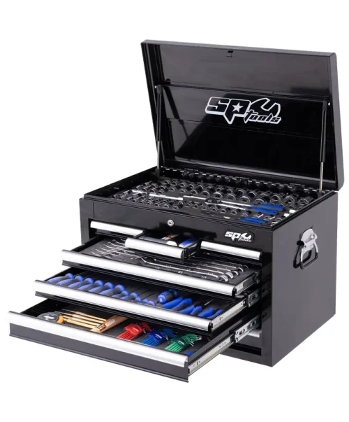 FEATURES:
• All sockets, socket accessories and ring open end spanners come in hi-density foam tool storage system (EVA).
• Chrome Vanadium steel for high durability.
• Flat drive technology to maximize grip.
• High polish finishes to provide easy clean-Up.

Custom Series Tool Cabinet Features:
• Heavy duty 28 ball bearing drawer slides.
• Dual gas strut lid stays.
• Robust wall construction.
• Full drawer extension capability.
• Double powder coating resists scratching.
• Internal locking system for extra security.

KIT INCLUDES:
1/4”Dr Sockets & Accessories
12pt - 4, 5, 6, 7, 8, 9, 10, 11, 12 & 13mm
12pt - 3/16, 7/32, 1/4, 9/32, 5/16, 11/32, 3/8, 7/16 & 1/2”
45T Ratchet
Flex Handle
Universal Joint
Extension Bars - 50 & 150mm
3/8”Dr Sockets and Accessories
12pt - 6, 7, 8, 9, 10, 11, 12, 13, 14, 15, 16, 17, 18, 19, 20, 21 & 22mm
12pt - 1/4, 5/16, 3/8, 7/16, 1/2, 9/16, 5/8, 11/16, 3/4, 13/16 & 7/8”
12pt Deep - 10, 11, 12, 13, 14, 15, 16, 17, 18 & 19mm
12pt Deep - 5/16, 3/8, 7/16, 1/2, 9/16, 5/8, 11/16 & 3/4”
Spark Plug Sockets - 5/8 & 13/16”
45T Ratchet
Flex Handle
Universal Joint
Extension Bars - 75 & 150mm
Adaptors - 3/8Fx1/4M & 3/8Fx1/2M
1/2”Dr Sockets & Accessories
12pt - 10, 11, 12, 13, 14, 15, 16, 17, 18, 19, 20, 21, 22, 23, 24, 26, 27, 30 & 32mm
12pt - 3/8, 7/16, 1/2, 9/16, 5/8, 11/16, 3/4, 13/16, 7/8, 15/16, 1, 1-1/16, 1-1/8, 1-3/16 & 1-1/4”
Spark Plug Sockets - 5/8 & 13/16”
45T Ratchet
Flex Handle
Universal Joint
Extension Bars - 75 & 125mm
Adaptor - 1/2Fx3/8M
Spanners
Quad Drive Combination Spanners - 6, 7, 8, 9, 10, 11, 12, 13, 14, 15, 16, 17, 18 & 19mm
Quad Drive Combination Spanners - 1/4, 5/16, 3/8, 7/16, 1/2, 9/16, 5/8, 11/16, 3/4, 13/16 & 7/8”
Tools
Screwdrivers - 3.0x75, 5.5x100, 6.5x38, 6.5x100, 6.5x150 & 8.0x150mm
Screwdrivers - #0x75, #1x75, #2x38, #2x100, #2x150 & #3x150mm
Precision Screwdrivers - 2.0x50, 2.5x50, 3.0x50, #0x50, #00x50 & #000x50mm
Hex Keys - 1.5, 2, 2.5, 3, 4, 5, 6, 8 & 10mm
Hex Keys - 1/16, 5/64, 3/32, 1/8, 5/32, 3/16, 1/4, 5/16 & 3/8”
Torx Keys - T10, T15, T20, T25, T27, T30, T40 & T50
Ratchet Bit Set -31pc
Pliers - Combination, Long Nose, Multigrips & Locking
Circlip Pliers Set - 4pc
Cutters - Diagonal
Adjustable Wrenches - 2pc
Hammers - Ball pein 16oz & 24oz, Soft/Hard Head - 35mm
Hacksaw
Tape Measure
Pick Set - 4pc
Pin punch & chisel set - 10pc
Knife
7 Drawer Custom Series Tool Box

DIMENSIONS:
7 Drawer Custom Series Tool Cabinet - 668w x 445d x 465h
• 3 Drawers 160w x 405d x 40h
• 2 Drawers 570w x 405d x 40h
• 2 Drawers 570w x 405d x 70h