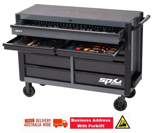 TOOLS INCLUDED IN THIS TOOL KIT

1/4”Dr SOCKETS & ACCESSORIES
6pt - 4, 5, 6, 7, 8, 9, 10, 11, 12, 13 & 14mm
6pt - 3/16, 7/32, 1/4, 9/32, 5/16, 11/32, 3/8, 7/16, 1/2 & 9/16”
6pt Deep - 4, 5, 6, 7, 8, 9, 10, 11, 12, 13 & 14mm
6pt Deep - 3/16, 7/32, 1/4, 9/32, 5/16, 11/32, 3/8, 7/16, 1/2 & 9/16”
Hex Bit - H3, H4, H5 & H6
Hex Bit - H1/8, H5/32, H3/16, H7/32 & H1/4”
Torx Bit - T10, T15, T20 & T25
90T Sealed Head Ratchet, Flex Handle & Universal Joint
Wobble Extension Bars - 50, 150 & 300mm

3/8”Dr SOCKETS & ACCESSORIES
12pt - 6, 7, 8, 9, 10, 11, 12, 13, 14, 15, 16, 17, 18, 19, 20, 21 & 22mm
12pt - 1/4, 5/16, 3/8, 7/16, 1/2, 9/16, 5/8, 11/16, 3/4, 13/16 & 7/8”
12pt Deep - 10, 11, 12, 13, 14, 15, 16, 17, 18, 19, 20, 21 & 22mm
12pt Deep - 5/16, 3/8, 7/16, 1/2, 9/16, 5/8, 11/16 & 3/4”
Hex Bit - H6, H7, H8, H9 & H10
Hex Bit - H3/16, H7/32, H1/4, H5/16 & H3/8”
Torx Bit - T27, T30, T40, T50 & T55
Spark Plug Sockets - 5/8 & 13/16”
90T Sealed Head Ratchet, Flex Handle & Universal Joint
Wobble Extension Bars - 75, 150 & 400mm
Adaptors - 3/8Fx1/4M & 3/8Fx1/2M

1/2”Dr SOCKETS & ACCESSORIES
12pt - 10, 11, 12, 13, 14, 15, 16, 17, 18, 19, 20, 21, 22, 23, 24, 26, 27, 30 & 32mm
12pt - 3/8, 7/16, 1/2, 9/16, 5/8, 11/16, 3/4, 13/16, 7/8, 15/16, 1, 1-1/16, 1-1/8, 1-3/16 & 1-1/4”
12pt Deep - 10, 11, 12, 13, 14, 15, 16, 17, 19, 21, 22 & 24mm
12pt Deep - 3/8, 7/16, 1/2, 9/16, 5/8, 11/16, 3/4, 13/16, 7/8, 15/16 & 1”
6pt Deep Impact Wheel Nut - 14, 17, 19, 21 & 22mm
Impact 6pt - 10, 11, 12, 13, 14, 15, 17, 18, 19, 21, 22 & 24mm
Impact 6pt Deep - 10, 11, 12, 13, 14, 15, 17, 18, 19, 21, 22 & 24mm
Impact Inhex - 4, 5, 6, 7, 8, 10, 12, 14 & 17mm
Impact Inhex - 3/16, 7/32, 1/4, 5/16, 3/8, 7/16, 1/2 & 9/16”
Impact Torx - T25, T27, T30, T40, T45, T50, T55, T60 & T70
Spark Plug Sockets - 5/8 & 13/16”
90T Sealed Head Ratchet, Flex Handle & Universal Joint
Wobble Extension Bars - 75, 125 & 375mm
Adaptor - 1/2Fx3/8M
Impact Universal Joint
Impact Extension Bars - 75 & 125mm
Impact Adaptor - 3/8”F x 1/2”M

SPANNERS
Quad Drive Combination Spanners - 6, 7, 8, 9, 10, 11, 12, 13, 14, 15, 16, 17, 18 & 19mm
Quad Drive Combination Spanners - 1/4, 5/16, 3/8, 7/16, 1/2, 9/16, 5/8, 11/16, 3/4, 13/16 & 7/8”

TOOLS
Screwdrivers - 3.0x75, 5.5x100, 6.5x38, 6.5x100, 6.5x150 & 8.0x150mm
Screwdrivers - #0x75, #1x75, #2x38, #2x100, #2x150 & #3x150mm
Screwdrivers - T8, T10, T15, T20, T25, T27, T30 & T40
Precision Screwdrivers - 2.0x50, 2.5x50, 3.0x50, #0x50, #00x50 & #000x50mm
Technicians Bit Set - 71pc
Ratchet Driver Bit Set - 31pc
Impact Screwdriver Set - 13pc
Hex Keys - 1.5, 2, 2.5, 3, 4, 5, 6, 8 & 10mm
Hex Keys - 1/16, 5/64, 3/32, 1/8, 5/32, 3/16, 1/4, 5/16 & 3/8”
Torx Keys - T10, T15, T20, T25, T27, T30, T40, T45 & T50
Hex Keys Stubby - 1.5, 2, 2.5, 3, 4, 5, 6, 8 & 10mm
Hex Keys Stubby - 1/16, 5/64, 3/32, 1/8, 5/32, 3/16, 1/4, 5/16 & 3/8”
Torx Keys Stubby - T10, T15, T20, T25, T27, T30, T40, T45 & T50
Pliers - Combination, Long Nose, Multigrip (3) & Locking
Circlip Pliers Set - 4pc
Cutters - Diagonal 2pc
Adjustable Wrenches - 3pc
Hammers - Ball Pein 16oz & 24oz, Dead Blow, Soft/Hard Head - 40mm
Pin Punch & Chisel Set - 10pc
Screw extractor set - 5pc & Thread Files - 2pc
Gasket Scraper Set - 3pc
Electrical Digital Multimeter & Circuit Tester
Pick Set - 4pc & Tweezers Set - 4pc
Wire Brush Set - 3pc
Magnetic Pick-up Tool & Inspection Mirror
Tape Measure
Hacksaw & Knife
Apex Series Roller Cabinet - 11 Drawer