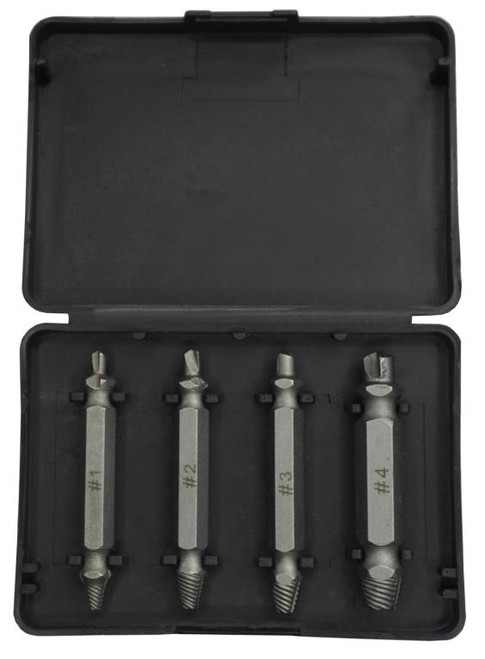 This set comes with 4 drill bits, each with a shank size of 3/8" that can be used with a reverse driver variable speed drill to extract damaged screws. They are constructed of stainless steel and have 63-65 bit hardness. They come in 4 assorted sizes - 1 through 4.

These are very simple to use. First you need to locate a threaded or damaged crew head, and then with the drill in reverse drive, use side 1 to create a smooth cavity within the damaged head. With the drill still in reverse drive, insert side 2 into the cavity and begin to extract the screw. Make sure to grab a set of these to keep in your toolbox, workshop or shed!

Features:
4 Piece Damaged Screw Extractor Set - HSS Bit Material
Shank Size: 3/8"
63-65 Bit Hardness
Assorted Sizes: 1-4
Use with A Reverse Drive 3/8" Chuck Variable Speed Drill
