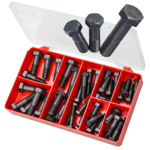 The kit includes an asortment of 10 types of propshaft bolts:

M8x1x30 (Grade 1 0.9) Propshaft Bolts x 4
M8x1x35 Grade 1 0.9) Propshaft Bolts x 4
M10x1.25x25 (Grade 1 0.9) Propshaft Bolts x 6
M10x1.25x30 (Grade 1 0.9) Propshaft Bolts x 4
M10x1.25x40 (Grade 1 0.9) Propshaft Bolts x 4
M10x1x30 (Grade 1 0.9) Propshaft Bolts x 4
M12x1.25x40 (Grade 1 0.9) Propshaft Bolts x 4
M12x1.25x45 (Grade 1 0.9) Propshaft Bolts x 3
M12x1.5x35 (Grade 1 0.9) Propshaft Bolts x 4
M12x1.5x40 (Grade 1 0.9) Propshaft Bolts x 3