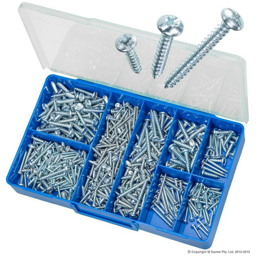 The kit includes an asortment of 14 sizes of pan combi self tapping screws:

No. 4 (2.9 mm x 16) Pan Combi Self Tapping Screws x 40
No. 4 (2.9 mm x 19) Pan Combi Self Tapping Screws x 75
No. 4 (2.9 mm x 25) Pan Combi Self Tapping Screws x 45
No. 6 (3.5 mm x 16) Pan Combi Self Tapping Screws x 100
No. 6 (3.5 mm x 25) Pan Combi Self Tapping Screws x 10
No. 6 (3.5 mm x 30) Pan Combi Self Tapping Screws x 20
No. 8 (4.2 mm x 16) Pan Combi Self Tapping Screws x 75
No. 8 (4.2 mm x 9.5) Pan Combi Self Tapping Screws x 25
No. 10 (4.8 mm x 16) Pan Combi Self Tapping Screws x 10
No. 10 (4.8 mm x 25) Pan Combi Self Tapping Screws x 60
No. 10 (4.8 mm x 30) Pan Combi Self Tapping Screws x 10
No. 10 (4.8 mm x 38) Pan Combi Self Tapping Screws x 10
No. 12 (5.5 mm x 19) Pan Combi Self Tapping Screws x 10
No. 12 (5.5 mm x 25) Pan Combi Self Tapping Screws x 10