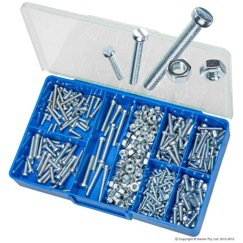 The Torres Cheese Head Machine Screws & Hex Nuts Kit (HAK08) is a 500-piece assortment of zinc plated machine screws and matching hex nuts manufactured to DIN 84 (screws) and DIN 934 (nuts). Designed for precision assembly and general fastening applications, this kit is ideal for workshops, maintenance crews, fabrication work, electrical installations, and general mechanical repairs where a reliable mixed fastener set is essential.

Key Features
500-piece machine screw and hex nut assortment
Manufactured to DIN 84 (cheese head screws) and DIN 934 (hex nuts)
Zinc plated finish for corrosion resistance and durability
Includes 15 commonly used metric sizes
Ideal for workshop, maintenance, fabrication, and general trade use
Organised storage case for easy access and efficient workflow

Technical Specifications
Product Type: Cheese Head Machine Screws & Hex Nuts Assortment Kit
Standards: DIN 84 / DIN 934
Finish: Zinc Plated
Total Pieces: 500

Contents:
M3 x 10mm Machine Screws – Qty: 35
M3 x 16mm Machine Screws – Qty: 35
M4 x 12mm Machine Screws – Qty: 25
M4 x 25mm Machine Screws – Qty: 30
M5 x 12mm Machine Screws – Qty: 10
M5 x 16mm Machine Screws – Qty: 15
M5 x 25mm Machine Screws – Qty: 30
M6 x 12mm Machine Screws – Qty: 10
M6 x 16mm Machine Screws – Qty: 30
M6 x 35mm Machine Screws – Qty: 5
M6 x 40mm Machine Screws – Qty: 5
M4 Hex Nuts – Qty: 60
M5 Hex Nuts – Qty: 45
M6 Hex Nuts – Qty: 250