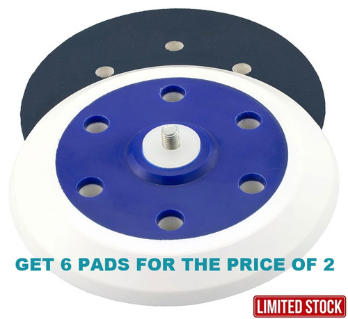 YOU GET 6 OF THESE PADS FOR THE PRICE OF 2. BE QUICK THIS LOT WILL SELL OUT FAST!

Disc Dia.: 150 mm
Pad Thickness: 16 mm
Pad Interface: 6 hole Velcro
Thread Size: 5/16"
Speed Rated: 10,000 RPM

Pads with a unique 16mm thick medium density foam layer.
Unique straight edged lip works well in tight corners and provides a longer lasting edge.