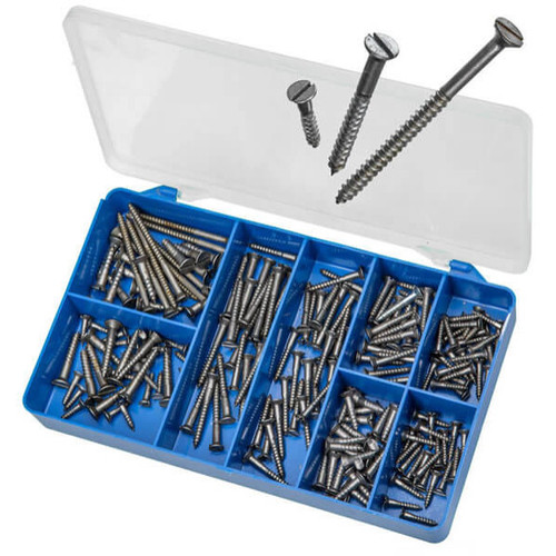 The kit includes an asortment of 10 sizes of csk wood screws:

No 4 (2.9x16 mm) CSK Wood Screws x 20
No 6 (3.5x19 mm) CSK Wood Screws x 25
No 6 (3.5x30 mm) CSK Wood Screws x 20
No 8 (4.2x19 mm) CSK Wood Screws x 25
No 8 (4.2x25 mm) CSK Wood Screws x 20
No 8 (4.2x30 mm) CSK Wood Screws x 30
No 8 (4.2x40 mm) CSK Wood Screws x 25
No 8 (4.2x50 mm) CSK Wood Screws x 10
No 10 (4.8x25 mm) CSK Wood Screws x 15
No 10 (4.8x30 mm) CSK Wood Screws x 10