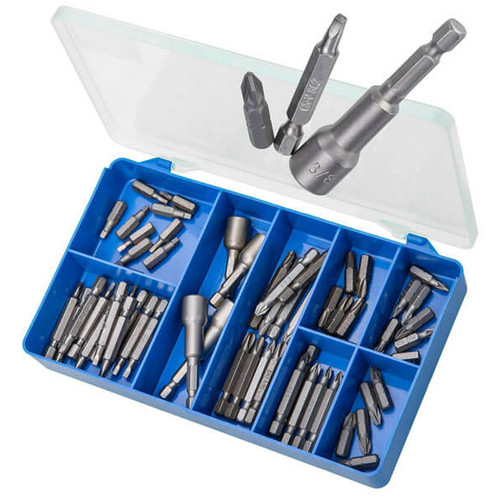 The kit includes an asortment of 12 types of pozidrive, square & magnetic nut setters:

10 mm Magnetic Nut Setters x 2
3/8 Magnetic Nut Setters x 2
No.1x25 Pozi Bits x 6
No.1x25 Square Drive Bits x 5
No.1x50 long Pozi Bits x 6
No.1x50 Square Drive Bits x 5
No.2x25 Pozi Bits x 6
No.2x25 Square Drive Bits x 5
No.2x50 Pozi Bits x 5
No.2x50 Square Drive Bits x 6
No.3x25 Pozi Bits x 6
No.3x50 Pozi Bits x 6