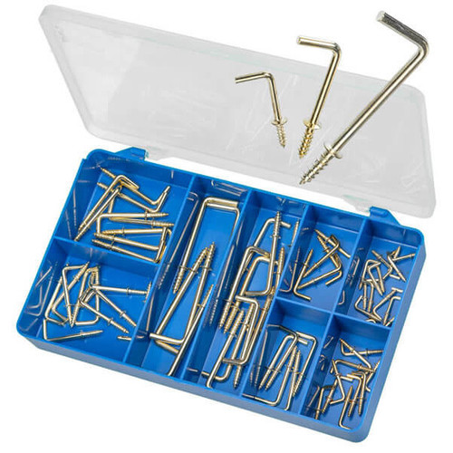 The kit includes an asortment of 8 sizes of l type hooks:

13mm Brass Plated Square Hooks x 15
16mm Brass Plated Square Hooks x 10
19mm Brass Plated Square Hooks x 5
23mm Brass Plated Square Hooks x 10
25mm Brass Plated Square Hooks x 5
32mm Brass Plated Square Hooks x 10
38mm Brass Plated Square Hooks x 10
50mm Brass Plated Square Hooks x 5