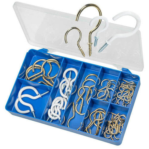 The kit includes an asortment of 9 sizes of cup hooks:

16mm Brass Plated Round Hooks x 15
19mm Brass Plated Round Hooks x 13
25mm Brass Plated Round Hooks x 5
32mm Brass Plated Round Hooks x 5
38mm Brass Plated Round Hooks x 5
50mm Brass Plated Round Hooks x 5
32mm PVC Coated Round Hooks x 5
38mm PVC Coated Round Hooks x 5
50mm PVC Coated Round Hooks x 2