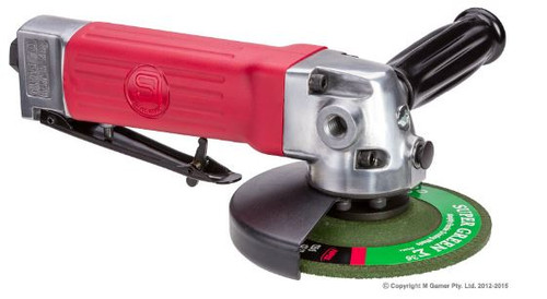 SPECIFICATIONS
Length: 230 mm
Height: 89 mm
Disc Size: 125 mm
Spindle Size: M14 x 2
Free Speed: 12,000 RPM
Weight: 1.65 Kg
Noise Level: 85 DBA (96 Pwr)
Vibration A: 11.0 m/s2 K: 3.6 m/s2
Av Air Cons.: 2.8 CFM
Output: 570 Watts

FEATURES
5" Disc grinder with M14 spindle thread
Speed governed for optimal disc RPM
Spindle lock button enable exchanging disc quickly
Rear exhaust with safety lever throttle
