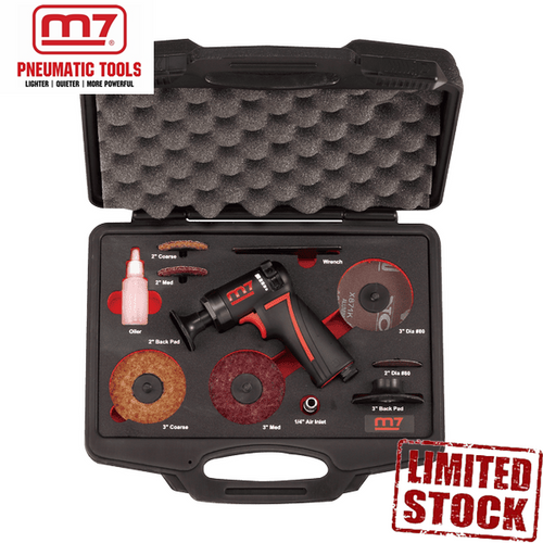 Air High Speed Sander
For spot repairs –Good for limited and small areas.
Ergonomic handle with injected composite grip, great comfort.
One hand switch, easy to operate.
Lightweight and compact design, handy to carry.

Contents:
1 pc Air High Speed Sander
1 pc 2"Rubber PAD (1/4"-20)
1 pc 2" Pad Die#80
1 pc 2" Stripping Disc #80-YL (Coarse)
1 pc 2" Stripping Disc #150-RD (Med)
1 pc 3" Rubber PAD (1/4"-20)
1 pc 3" Pad Die#80
1 pc 3" Stripping Disc #80-YL (Coarse)
1 pc 3" Stripping Disc #150-RD (Med)
1 pc 1/4"Plug
1 pc Oil Box
1 pc Spanner Wrench

Specifications
Alloy & composite material construction making it very durable yet lightweight
Convenient thumb speed control lever
Pad Diameter: 50mm , 75mm (2", 3")
Free Speed: 18000RPM
Vibration Level: 0.9m/s²