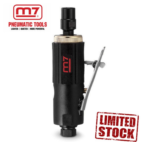 The Mighty Seven M7-QA111B Air Die Grinder comes complete with 1/4" and 1/8" collet. The compact and lightweight design helps with manoeuvrability, and comes with a safety lever throttle.

Features:

Metal front cap
Safety lever throttle
Compact and lightweight design for easy manoeuvrability
Complete with 1/4" and 1/8" collet
Specifications:

Inlet: 1/4"
Collet Size: 1/4" & 1/8"
Free Speed: 25000 RPM
Air Requirements: 10 CFM / 90 PSI
Rated Power: 0.3HP
Sound Pressure: 81.5 dBA
Vibration Level: 1.8m/s²
Overall Length: 155mm
Weight: 0.38kg
