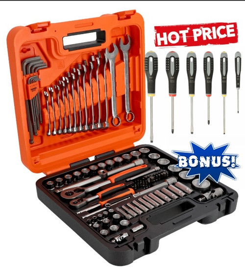 Bahco S98MC1H 98pce 1/4” and 1/2” Square Drive Socket and Deep Socket Set with Metric Hex Profile, Hex Key Set and Combination Spanner Set
The Bahco S98MC1H is a comprehensive 98-piece socket set combining 1/4” and 1/2” standard and deep metric hex sockets, hex keys, combination wrenches, and 1/4” bits. Built from high-performance alloy steel with Micro Matte finish, this set is designed for precision, durability, and professional versatility.

Includes:
11x 1/4” Drive Standard Sockets
Sizes: 4.5mm, 5.5mm, 6mm, 7mm, 8mm, 9mm, 10mm, 11mm, 12mm, 13mm, 14mm
11x 1/4” Drive Deep Sockets
Sizes: 4mm, 5mm, 6mm, 7mm, 8mm, 9mm, 10mm, 11mm, 12mm, 13mm
7x 1/4” Drive Accessories
Ratchet quick release: 6950QR
Spinner handle: 6956
Wobble extension bars: 6960W, 50mm & 100mm
T-handle: 6954-5
Universal joint: 6966
Bit holder for 1/4” bits: 6973A
17x 1/2” Drive Standard Sockets
Sizes: 10mm, 11mm, 12mm, 13mm, 14mm, 15mm, 16mm, 17mm, 18mm, 19mm, 20mm, 21mm, 22mm, 24mm, 27mm, 30mm, 32mm
5x 1/2” Drive Accessories
Ratchet quick release: 8150QR
Wobble extension bars: 8160W, 125mm & 250mm
T-handle adaptor ½” to 3/8”: 7772H
Universal joint: 8166
26x Bits (¼” Drive)
5x Phillips: PH0, PH1, PH2, PH3, PH4
3x Slotted: SL4, SL5.5, SL8
3x Pozidriv: PZ1, PZ2, PZ3
6x Hex: H3, H4, H5, H6, H8, H10
8x Torx: T8, T10, T15, T20, T25, T27, T30, T40
1 x Hex male adaptor to square male adaptor: K6625-1/4
9x Hex Keys (BE-9770)
Sizes: 1.5mm, 2mm, 2.5mm, 3mm, 4mm, 5mm, 6mm, 8mm, 10mm
13x Combination Wrenches (111M)
Sizes: 7mm, 8mm, 9mm, 10mm, 11mm, 12mm, 13mm, 14mm, 15mm, 16mm, 17mm, 18mm, 19mm

Features:
Micro Matte finish for corrosion resistance
High-performance 50BV30 alloy steel construction
Dynamic-Drive™ profile sockets reduce wear and damage to fasteners
Quick socket release button on ratchet
New box design with durable latches, soft-touch handle, and hooks/strap for hands-free transport
Identification areas for labels and removable box divider that doubles as a knee pad

Specifications:
Standards: ISO 1174 and DIN 3120
Case: S98MC1H-BOX, high-density polyethylene (HDPE)
Total pieces: 98
Includes sockets, bits, hex keys, wrenches, ratchets, extensions, universal joints, T-handles, and adaptors
Warranty:

Limited lifetime warranty covered by Bahco