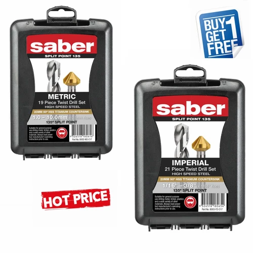 These are absolutely one of the biggest bargain Drill Sets we have offered and this deal is a super corker! Get the Metric and the AF sets!

Metric Set:
DIN338
Saber 19 Piece Bright HSS Twist Drill Set
1.0-10.0mm x 0.5mm rises
135º Split Point (crankshaft point).
Split point is self centering and reduces the need for end thrust. Friction at workpiece is reduced.
Bright Finish Twist Drills have no surface treatment and are supplied in the as-ground condition.
These tools are suitable for general purpose use, particularly for non-ferrous applications.

Imperial Set: 
ANSI B94-11
Saber 21 Piece HSS Bright Finish Twist Drill Set 1/16" - 3/8" x 1/64" rises
135º Split Point (crankshaft point).
Split point is self centering and reduces the need for end thrust. Friction at workpiece is reduced.
Bright Finish Twist Drills have no surface treatment and are supplied in the as-ground condition.
These tools are suitable for general purpose use, particularly for non-ferrous applications.