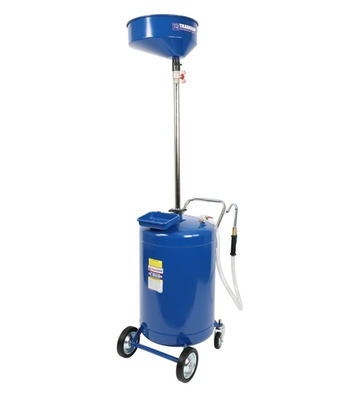 Engineered for high-efficiency automotive workshops and industrial service bays, the TradeQuip "Made for the Trade" Self-Evacuating Oil Drainer delivers a clean, fast, and completely safe solution for capturing and transporting waste oil, coolant, transmission fluids and lubricants. 

Forget manual pouring or messy transfers. Simply hook up your workshop's compressed air line, set the regulator to 7 PSI (0.5 Bar), and watch the reservoir self-empty directly into your bulk waste containment system securely and seamlessly.

Note:  If the workshop compressor supplies air pressure in excess of 0.5 Bar, an inline air regulator must be used to maintain air pressure at 0.5 Bar.

Features
Collects, transfers and evacuates used engine oils, transmission fluids, power steering fluids etc
Top quality heavy-gauge steel collection tank
Telescopic drain pan adjusts to optimal working height
Offset drain bowl eliminates the need to reposition the tank, reducing the chance of spillage
Tank oil level indicator sight gauge prevents overfill
Air pressure relief valve prevents over-pressurisation
Sturdy rubber front wheels and ball bearing-mounted rear castors provide stability and easy maneuverability
Lead-free paint finish is applied after a thorough chemical wash to ensure a long-lasting finish
Painted finish is oil, grease and dirt-resistant for easy cleanup
Oil, heat, ozone and abrasion resistant drain hose
Easy to clean chrome handle
Not for use with corrosive or flammable fluids

Specifications
Tank Capacity: 110 Litres
Drain Pan Diameter: 390mm
Drain Pan Capacity: 10L
Maximum Telescopic Height: 1750mm
Minimum Height: 1200mm
Air Inlet: 1/4"
Working Pressure: 0.5 bar (7psi)
Castor Wheels for easy manoeuvrability
Net Weight: 33kg
Gross Weight: 35kg
Warning: This unit is not for the extraction, siphoning or storing of Petroleum or other highly Flammable Liquids.

Intended use
This oil drainer is designed to drain waste oil from engines, gearboxes, differentials of most vehicles.

About theTradeQuip brand
Our Flagship brand of garage and workshop equipment, TradeQuip is designed for use in a demanding garage and workshop environment by trade users. With proven and trusted “Made for the Trade” reliability, TradeQuip branded products offer the very best in performance for an affordable price. The TradeQuip range is covered by a 12 month trade use warranty.