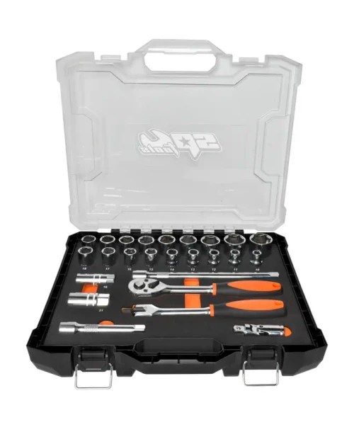 The 1/2"Dr Socket Set in EVA Carry Case - Metric - 6pt - 25pc is a heavy-duty professional socket set designed for demanding automotive, workshop and trade applications.
Featuring a practical range of 6pt metric sockets from 10mm to 32mm, spark plug sockets, a professional 72T ratchet wrench, 250mm flex handle, extension bars and universal joint, this set provides the strength, reach and versatility needed for high-torque fastening jobs. Supplied in an EVA foam tray inside a sturdy carry case, every socket and accessory is securely organised, protected and easy to identify.

FEATURES
25pc 1/2"Dr Metric Socket Set – Includes a comprehensive range of 6pt metric sockets, spark plug sockets and essential 1/2" drive accessories for professional workshop use.
Metric 6pt Socket Range – Includes 10, 11, 12, 13, 14, 15, 16, 17, 18, 19, 20, 21, 22, 23, 24, 27, 30 and 32mm sockets for common automotive and workshop fastening applications.
Includes Spark Plug Sockets – Supplied with 16mm and 21mm spark plug sockets for servicing and ignition system maintenance.
Professional 72T Ratchet Wrench – Fine-tooth 72 tooth ratchet requires only 5° of movement per turn, providing smooth operation and improved access in tighter work areas.
Strengthened Ratchet Gear Teeth – Specially strengthened ratchet gear teeth help sustain maximum applied torque for reliable professional performance.
Reversible Ratchet Action – Allows fast switching between tightening and loosening applications.
Quick Socket Release Mechanism – Helps secure sockets during use while allowing fast socket changes when required.
Dual Texture Comfort Grip – Combines rubber and solid plastic for comfort, control and enhanced grip, especially in oily workshop conditions.
250mm Flex Handle Included – Provides extra leverage for stubborn, tight or high-torque fasteners.
Extension Bars Included – 125mm and 250mm extension bars improve access to recessed or hard-to-reach fasteners.
Universal Joint Included – Provides improved access around angles, obstructions and confined areas.
6pt Socket Design – Helps maximise contact with the flat sides of the fastener for improved grip and reduced fastener damage.
Chrome Vanadium Steel Construction – Manufactured from durable Cr-V steel for strength, reliability and long service life.
Triple Chrome Finish – Tough chrome finish helps resist corrosion and provides easy clean-up after use.
EVA Foam Tray in Sturdy Carry Case – Precision-cut EVA foam shadows each socket and accessory, keeping the set organised, protected and easy to transport.
Meets & Exceeds ANSI and DIN Standards – Built to professional standards for dependable workshop performance."

SET INCLUDES
Metric 6pt - 10, 11, 12, 13, 14, 15, 16, 17, 18, 19, 20, 21, 22, 23, 24, 27, 30 & 32mm
Spark Plug Sockets - 16 & 21mm
72T Ratchet
Flex Handle - 250mm
Extension Bars - 125 & 250mm
Universal Joint
EVA foam tray cut to shadow the sockets and accessories, inside a sturdy carry case