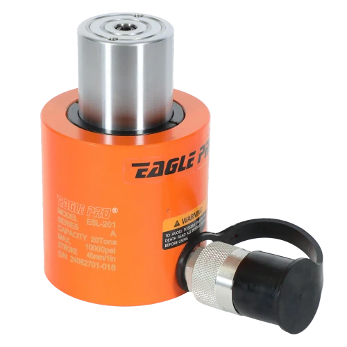 A 20-tonne single acting pancake-style hydraulic ram with a 45mm stroke and spring-loaded return, built for heavy-duty industrial spreading, clamping, pushing and lifting.
Low-profile design for tight, confined spaces
Grooved piston — no saddle needed
Quick spring-loaded return
Tough anti-corrosion finish

Description
Featuring a low-profile, flat design, the Eagle Pro ESL series cylinder is an optimal choice for confined spaces. Its hardened and chromed piston is constructed from high-strength alloy steel that increases durability by reducing wear and corrosion.
The grooved piston end does not require a saddle, and the included mounting holes permit easy fixturing.
Retraction is quick thanks to the heavy-duty, straight-pull return springs, and an environmentally friendly coating process provides a durable anti-corrosion finish.
The Eagle Pro ESL series complies with ASME B30.1 standards.

Features
Hardened alloy-steel guide ring prevents over-travel and reduces wear from off-centre loads
Hardened, chromed and grooved piston resists wear and corrosion
Precision-machined high-strength alloy-steel body with a baked-enamel finish for durability and corrosion protection
Heavy-duty straight-pull return springs for fast retraction
Industrial seal with backup gaskets prevents costly leaks
High-strength composite bearings support off-centre loads without scoring the cylinder walls
Includes a standard coupler with dust cover

Specifications
Cylinder Capacity @ 10,000 PSI	20t
Stroke	45mm
Effective Area	28.3 cm²
Oil Capacity	127 cm³
Collapsed Height (A)	98mm
Extended Height (B)	143mm
Outside Diameter (D)	92mm
Piston Diameter (F)	51mm
Base Bolt Circle (O)	39mm
Base Mounting Thread (V)	M5
Base Thread Depth (Z)	8mm
Weight	4.7kg
