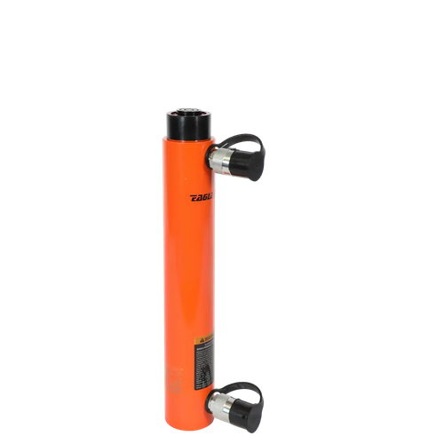 A 10-tonne double-acting hydraulic ram with a 305mm stroke and fast, powered hydraulic return, built from precision-machined high-strength alloy steel for demanding industrial applications.

Double-acting — fast, controlled retraction
Built-in safety valve stops over-pressurisation
Snap-in saddle protects the piston
Carry handles for easy positioning

Description
The Eagle Pro ED series produces fast, controlled piston retraction thanks to its double-acting operation. A built-in safety valve prevents accidental over-pressurisation, and most models include a collar, piston threads, and base mounting holes to make fixturing a simple task.
Piston jamming and mushrooming are prevented by the cylinder's hardened, E-coated snap-in saddle, and a hardened and chromed piston reduces wear and corrosion. ED series cylinders are easy to move around the job site, with carrying handles — and eyebolts on larger models — that ease positioning and carrying.
A durable, anti-corrosive finish is applied using an environmentally friendly coating process. The ED series comes with rugged EAB-201A female couplers, complete with heavy-duty dust covers that prevent dirt and debris from entering the hydraulic system.
The Eagle Pro ED series complies with ASME B30.1 standards.

Features
Hardened alloy-steel guide ring prevents over-travel and reduces wear from off-centre loads
Industrial U-cup seal prevents costly leaks
Hardened, chromed piston resists wear and corrosion
Precision-machined high-strength alloy-steel body with a baked-enamel finish for durability and corrosion protection
High-strength composite bearings support off-centre loads without scoring the cylinder walls
Optional tilt saddles guard against damage from off-centre loads
Includes a standard coupler with dust cover
Specifications
Cylinder Capacity @ 10,000 PSI	10t
Stroke	305mm
Max. Capacity (Advance)	10t
Max. Capacity (Retract)	3t
Effective Area (Advance)	14.5 cm²
Effective Area (Retract)	4.9 cm²
Oil Capacity (Advance)	443 cm³
Oil Capacity (Retract)	149.5 cm³
Collapsed Height (A)	457mm
Extended Height (B)	762mm
Collar Thread (C)	2.1/4" - 14 UN
Collar Thread Length (X)	26mm
Outside Diameter (D)	73mm
Piston Diameter (F)	35mm
Weight	14kg