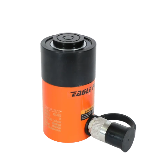 A 25-tonne single acting hydraulic ram with a 50mm stroke and spring-loaded return, built for heavy-duty industrial spreading, clamping, pushing and lifting.

Heavy-duty build for the harshest industrial sites
Fast spring-loaded retraction
Hardened chrome-plated piston
Flexible mounting — collar, piston & base threads

Description
The Eagle Pro ES series redefines durability for the harshest of industrial environments with its high-strength alloy steel construction. A hardened and chromed piston ensures superior service life by reducing wear and corrosion.
The ES series isn't only durable — it gets the job done. Heavy-duty, straight-pull return springs provide fast retraction, and for greater flexibility and easy mounting it comes with a collar, multiple piston threads, and base mounting holes.
The female coupler is supplied with a dust cover, preventing dirt and debris from entering the hydraulic system.
The Eagle Pro ES series complies with ASME B30.1 standards.

Features
Hardened alloy-steel guide ring prevents over-travel and reduces wear from off-centre loads
Heavy-duty wiper ring keeps out dust and debris, extending service life
High-strength composite bearings support off-centre loads without scoring the cylinder walls
Precision-machined high-strength alloy-steel body with a baked-enamel finish for durability and corrosion protection
Hardened, chromed piston resists wear and corrosion
Industrial U-cup seal prevents costly leaks
Heavy-duty straight-pull return springs for fast retraction
Includes a standard coupler with dust cover

Specifications
Cylinder Capacity @ 10,000 PSI	25t
Stroke	50mm
Effective Area	33.2 cm²
Oil Capacity	166 cm³
Collapsed Height (A)	165mm
Extended Height (B)	215mm
Collar Thread (C)	3-5/16 - 12
Collar Thread Length (X)	54mm
Outside Diameter (D)	86mm
Piston Diameter (F)	57mm
Piston Internal Thread (O)	1-1/2 - 16UN
Piston Internal Length (P)	26mm
Base Bolt Circle (U)	58mm
Base Mounting Thread (V)	1/2 - 13UNC
Base Thread Depth (Z)	19mm
Weight	6.2kg