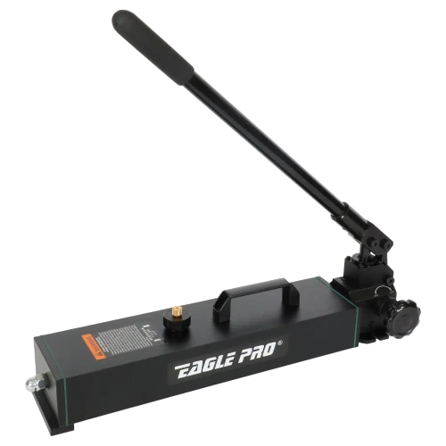 A two-speed, single-acting hydraulic hand pump for Eagle Pro single acting cylinders, delivering up to 700 BAR for heavy-duty industrial spreading, clamping, pushing and lifting.

Powerful dual-speed pumping
Aircraft-grade aluminium valve block
Compact and job-site portable
Internal safety valve protects the system

Description
The Eagle Pro EPA series hydraulic hand pumps are some of the most durable, powerful and reliable hand pumps in the industry today.
The EPA series features valve blocks machined from a single piece of high-strength, aircraft-grade aluminium, paired with high-capacity alloy steel reservoirs that maximise durability.
Compact and easy to carry around the job site, these powerful dual-speed pumps offer some of the best flow rates in the industry to get the job done faster. Every EPA series hand pump features an internal safety valve to prevent system damage.

Features
Spring loaded ram return system, allowing controlled retraction of the ram
High strength alloy steel body is precision machined to reduce wear and features a baked enamel finish
Pumps have an automatic overload system to help prevent damage to cylinders, pumps and accessories
Easily adapts to hoses, rams, pumps, spreaders, and other accessories using Eagle Pro fittings
Industrial strengthened seals prevent costly leaks
Hardened alloy steel guide ring eliminates over travel and provides support
Eagle Pro ram couplers fitted with dust covers minimising fluid contamination

Specifications
Hand Pump Compatibility	Eagle Pro single acting cylinders
Speed	Two speed hand pump
Usable Oil Volume	2300cm3
Pressure Rating 1st Stage	25bar
Pressure Rating 2nd Stage	700bar
Oil Displacement Per Stroke 1st Stage	33cm3
Oil Displacement Per Stroke 2nd Stage	3.3cm3
Handle Force	49kg
