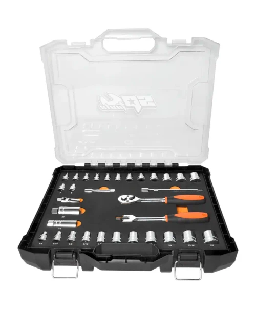 The 3/8"Dr Socket Set in EVA Carry Case - Metric/SAE - 6pt - 32pc is a versatile professional socket set designed for automotive servicing, repairs and general workshop use. Featuring a practical range of metric and SAE 6pt sockets, spark plug sockets, a professional 72T ratchet wrench, 200mm flex handle, extension bars and universal joint, this set delivers the strength, reach and flexibility needed for a wide variety of fastening applications. Supplied in an EVA foam tray inside a sturdy carry case, every socket and accessory is securely organised, protected and easy to identify.

FEATURES
32pc 3/8"Dr Metric/SAE Socket Set – Includes a practical range of 6pt metric and SAE sockets, spark plug sockets and essential 3/8" drive accessories for professional workshop use.
Metric 6pt Socket Range – Includes 6, 7, 8, 9, 10, 11, 12, 13, 14, 15, 16, 17, 18 and 19mm sockets for common automotive and workshop fastening applications.
SAE 6pt Socket Range – Includes 1/4", 5/16", 3/8", 7/16", 1/2", 9/16", 5/8", 11/16", 3/4", 13/16" and 7/8" sockets for imperial fastener coverage.
Includes Spark Plug Sockets – Supplied with 16mm and 21mm spark plug sockets for servicing and ignition system maintenance.
Professional 72T Ratchet Wrench – Fine-tooth 72 tooth ratchet requires only 5° of movement per turn, providing smooth operation and improved access in tighter work areas.
Strengthened Ratchet Gear Teeth – Specially strengthened ratchet gear teeth help sustain maximum applied torque for reliable professional performance.
Reversible Ratchet Action – Allows fast switching between tightening and loosening applications.
Quick Socket Release Mechanism – Helps secure sockets during use while allowing fast socket changes when required.
Dual Texture Comfort Grip – Combines rubber and solid plastic for comfort, control and enhanced grip, especially in oily workshop conditions.
200mm Flex Handle Included – Provides extra leverage for stubborn or tight fasteners.
Extension Bars Included – 75mm and 150mm extension bars improve access to recessed or hard-to-reach fasteners.
Universal Joint Included – Provides improved access around angles, obstructions and confined areas.
6pt Socket Design – Helps maximise contact with the flat sides of the fastener for improved grip and reduced fastener damage.
Chrome Vanadium Steel Construction – Manufactured from durable Cr-V steel for strength, reliability and long service life.
Triple Chrome Finish – Tough chrome finish helps resist corrosion and provides easy clean-up after use.
EVA Foam Tray in Sturdy Carry Case – Precision-cut EVA foam shadows each socket and accessory, keeping the set organised, protected and easy to transport.
Meets & Exceeds ANSI and DIN Standards – Built to professional standards for dependable workshop performance.

SET INCLUDES
Metric 6pt - 6, 7, 8, 9, 10, 11, 12, 13, 14, 15, 16, 17, 18 & 19mm
SAE 6pt - 1/4, 5/16, 3/8, 7/16, 1/2, 9/16, 5/8, 11/16, 3/4, 13/16 & 7/8”
Spark Plug Sockets - 16 & 21mm
72T Ratchet
Flex Handle - 200mm
Extension Bars - 75 & 150mm
Universal Joint
EVA foam tray cut to shadow the sockets and accessories, inside a sturdy carry case