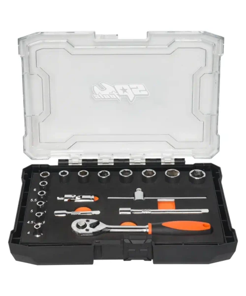 The 1/4"Dr Socket Set in EVA Carry Case - Metric - 6pt - 18pc is a compact professional socket set designed for precision fastening, servicing and small-component work. Featuring a practical range of 6pt metric sockets from 4mm to 14mm, a professional 72T ratchet wrench, sliding T-bar, extension bars and universal joint, this set provides excellent versatility for automotive, workshop and trade applications. Supplied in an EVA foam tray inside a sturdy carry case, every socket and accessory is securely organised, protected and easy to identify.

FEATURES
18pc 1/4"Dr Metric Socket Set – Includes a practical range of 6pt metric sockets with essential 1/4" drive accessories for professional workshop use.
Metric 6pt Socket Range – Includes 4, 4.5, 5, 5.5, 6, 7, 8, 9, 10, 11, 12, 13 and 14mm sockets for common automotive and workshop fastening applications.
Professional 72T Ratchet Wrench – Fine-tooth 72 tooth ratchet requires only 5° of movement per turn, providing smooth operation and improved access in tighter work areas.
Strengthened Ratchet Gear Teeth – Specially strengthened ratchet gear teeth help sustain maximum applied torque for reliable professional performance.
Reversible Ratchet Action – Allows fast switching between tightening and loosening applications.
Quick Socket Release Mechanism – Helps secure sockets during use while allowing fast socket changes when required.
Dual Texture Comfort Grip – Combines rubber and solid plastic for comfort, control and enhanced grip, especially in oily workshop conditions.
Sliding T-Bar Included – Provides added control and versatility for manual fastening applications.
Extension Bars Included – 50mm and 100mm extension bars improve access to recessed or hard-to-reach fasteners.
Universal Joint Included – Provides improved access around angles, obstructions and confined areas.
6pt Socket Design – Helps maximise contact with the flat sides of the fastener for improved grip and reduced fastener damage.
Chrome Vanadium Steel Construction – Manufactured from durable Cr-V steel for strength, reliability and long service life.
Triple Chrome Finish – Tough chrome finish helps resist corrosion and provides easy clean-up after use.
EVA Foam Tray in Sturdy Carry Case – Precision-cut EVA foam shadows each socket and accessory, keeping the set organised, protected and easy to transport.
Meets & Exceeds ANSI and DIN Standards – Built to professional standards for dependable workshop performance.

SET INCLUDES
Metric 6pt - 4, 4.5, 5, 5.5, 6, 7, 8, 9,10, 11, 12, 13 & 14mm
72T Ratchet
Sliding T-bar
Extension Bars - 50 & 100mm
Universal Joint
EVA foam tray cut to shadow the sockets and accessories, inside a sturdy carry case