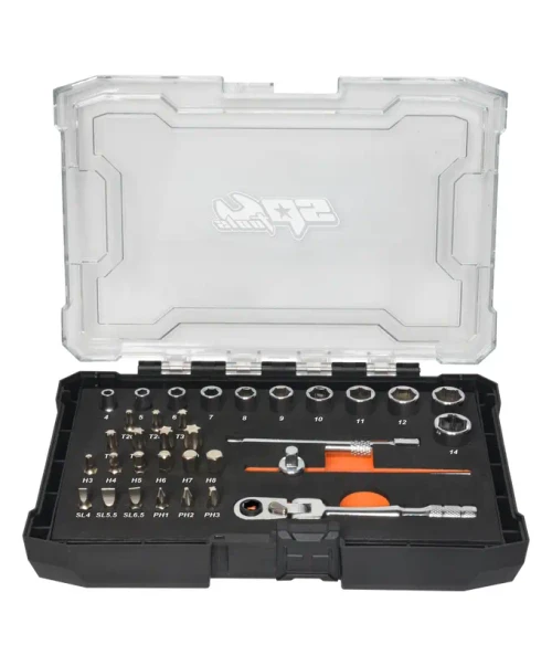 The 1/4"Dr Socket and Bit Set is a compact, professional 33pc kit designed for precision fastening across automotive, workshop and trade applications. Featuring 6pt metric sockets, Torx, Hex, Slotted and Phillips bits, plus a 72T sealed flex head ratchet, sliding bar and extension bar, this set gives users the versatility to tackle a wide range of small fastener jobs. Supplied in a sturdy carry case with a precision-cut EVA foam tray, every socket, bit and accessory is securely organised and easy to identify.

FEATURES
33pc 1/4"Dr Socket and Bit Set – Includes a versatile range of 6pt metric sockets, Torx bits, Hex bits, Slotted bits, Phillips bits and essential drive accessories.
6pt Metric Socket Range – Includes 4, 5, 6, 7, 8, 9, 10, 11, 12, 13 and 14mm sockets for common automotive and workshop fastening applications.
Wide Bit Selection – Includes Torx, Hex, Slotted and Phillips bits, making this set ideal for trim work, interior fasteners, general servicing, small repairs and precision fastening jobs.
72T Sealed Flex Head Ratchet – Full steel ratchet features a sealed head design, continuous ratcheting action and 72 teeth requiring only 5° of movement per turn for improved access in tight areas.
Flex Head with 180°+ Movement – Ratchet head bends more than 180°, helping users work around obstructions and access awkward fasteners in confined spaces.
Quick Direction Change Switch – Allows fast switching between tightening and loosening without removing the ratchet from the fastener.
Strengthened Ratchet Gear Teeth – Specially strengthened gear teeth help sustain maximum applied torque for reliable professional performance.
Flat Drive Technology – Socket design maximises contact on the flat sides of the nut or bolt, helping improve grip, enhance applied torque and reduce fastener damage.
Twin Knurling on Sockets – Provides improved hand grip when fitting, removing or spinning sockets by hand, especially in oily or greasy workshop conditions.
Chrome Vanadium Steel Construction – Sockets and accessories are manufactured from durable Cr-V steel for strength, reliability and long service life.
Triple Chrome High Polish Finish – Tough, easy-clean finish helps resist corrosion and keeps tools looking professional.
Includes Sliding Bar and 100mm Extension Bar – Adds versatility for reaching recessed fasteners and improving control across different applications.
EVA Foam Tray in Sturdy Carry Case – Precision-cut EVA foam shadows each socket, bit and accessory to keep the set organised, protected and easy to transport.

SET INCLUDES
Sockets 6pt - 4, 5, 6, 7, 8, 9, 10, 11, 12, 13 & 14mm
Torx Bits - T20, T25, T30, T35, T40, T45 & T50
Slotted Bits - SL4, SL5.5 & SL6.5
Phillips Bits - PH1, PH2 & PH3
Hex Bits - H3, H4, H5, H6, H7 & H8
72T Sealed Flex Head Ratchet
Sliding Bar
Extension Bar - 100mm
EVA foam tray cut to shadow the sockets and accessories, inside a sturdy carry case