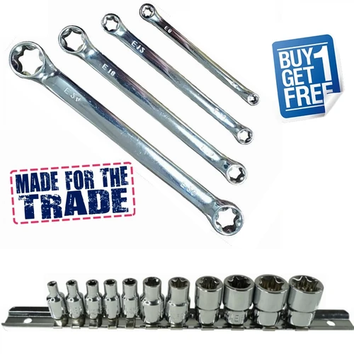 Grab this ultra E-Torx pack with both Sockets & Spanners in a range of popular sizes for one clearance price!

Sockets:

Features:
Durable Heat Treated Alloy Steel
Socket set comes with a rail for better organisation
Ideal for applications where specialised E-Torx bits are required

Includes:
Metal Socket Rail
E4, E5, E6, E7 & E8 1/4" Drive Sockets,
E10, E12, E14, E16, E18 & E20 3/8" Drive Sockets

Spanners:

Fully featured trade quality genuine E-Ring Spanners. Great value, good size range and a super price!

Specs:
E sizes: 6, 8, 10, 12, 14, 16, 18, 20, 24.
Suits some popular European car makes & models
Chrome vanadium, fully polished mirror finish hardened steel,
Suits some popular European car makes & models

Features:
Chrome Vanadium Steel (Cr-V) for high strength & durability
Ideal for applications where specialised E-Torx sockets & spanners are required

*TORX® is the registered trademark of Acument Intellectual Properties, LLC.