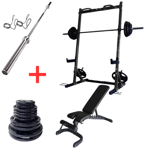 French Fitness Rubber Grip Weight Plate Set w/7 ft Bar 305 lbs + Rack + Bench